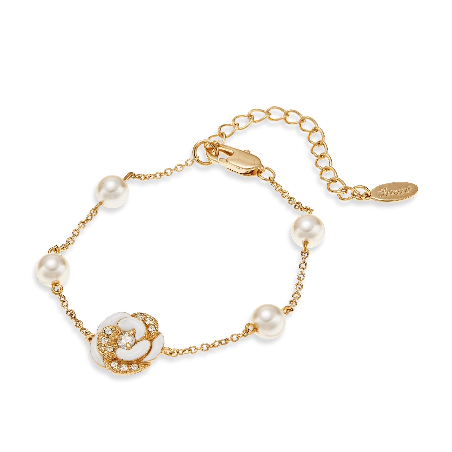 Grossé Women's Gold / White Crystal & Pearls Bracelet, Series Blanc Camelia