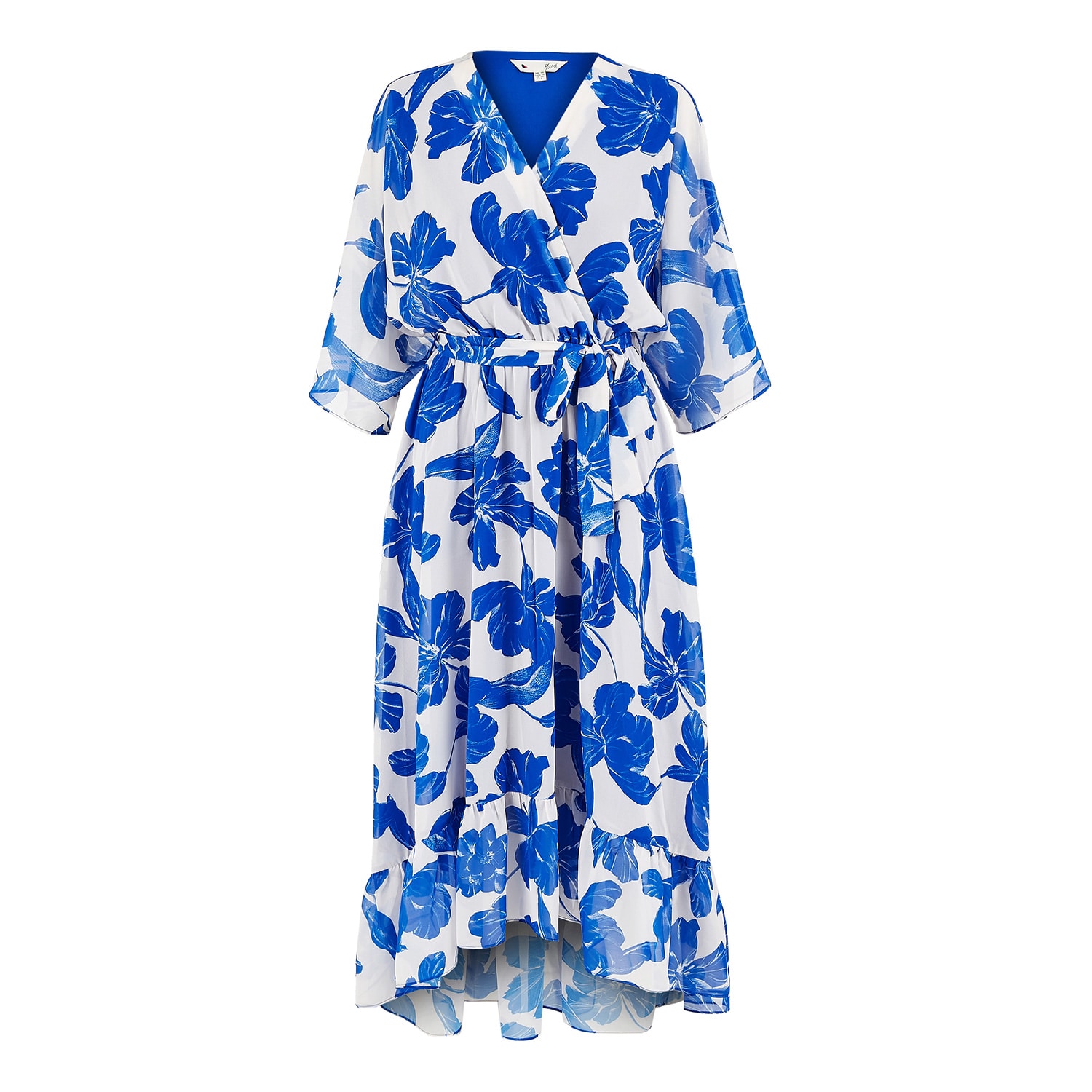 Yumi Women's Blue  Navy Kimono Sleeves Midi Dip Hem Wrap Midi Dress