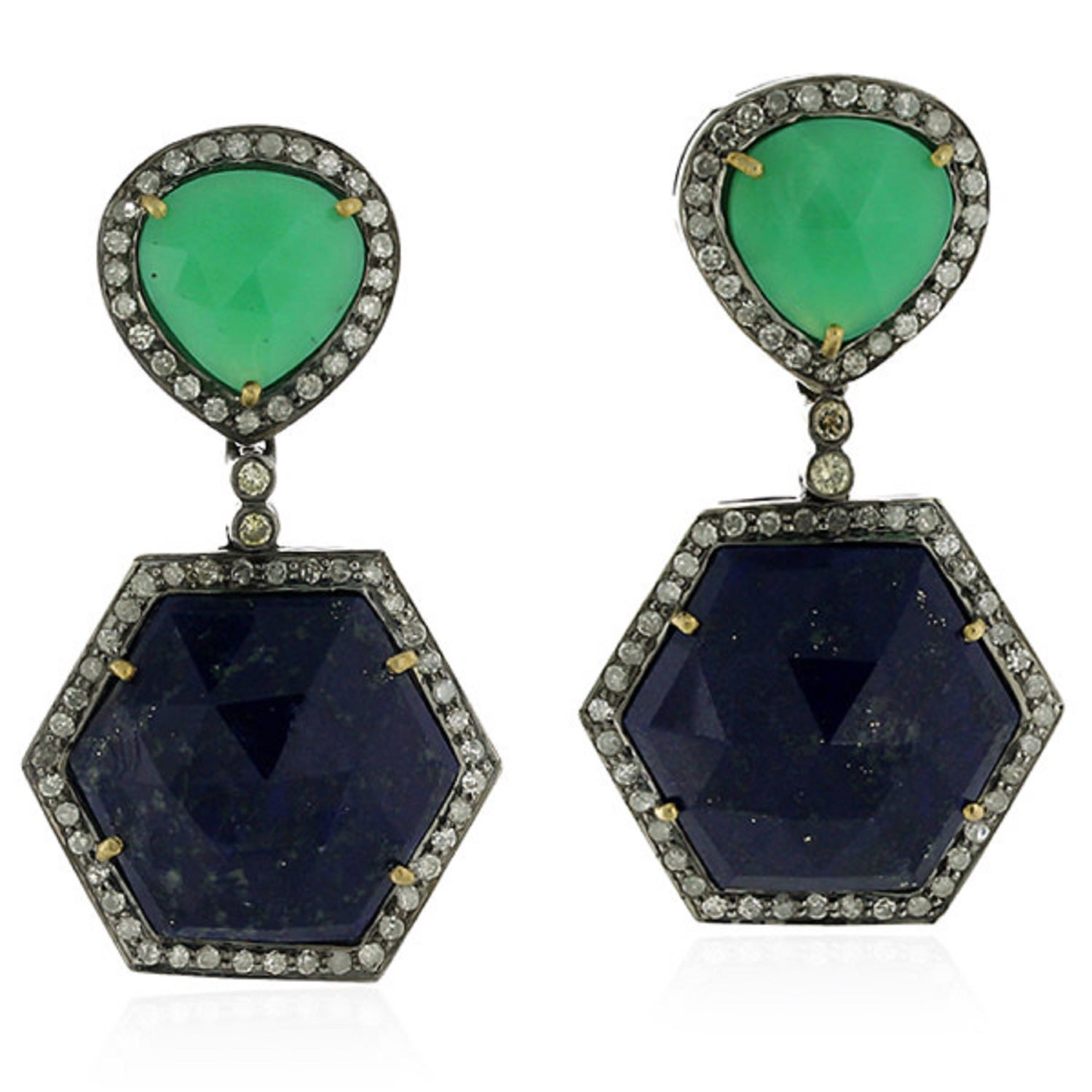 Women’s White / Blue / Green Lapis Chrysoprase Diamond 18K Gold 925 Sterling Silver Dangle Earrings Artisan