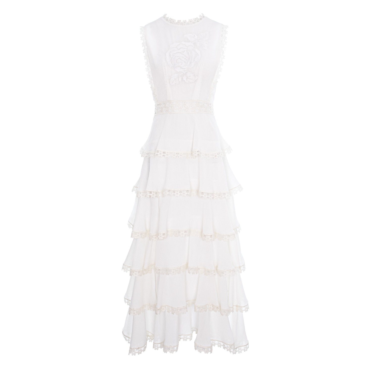Izabela Mandoiu Women's Long White Ruffle Dress With Lace And Floral Motif In White