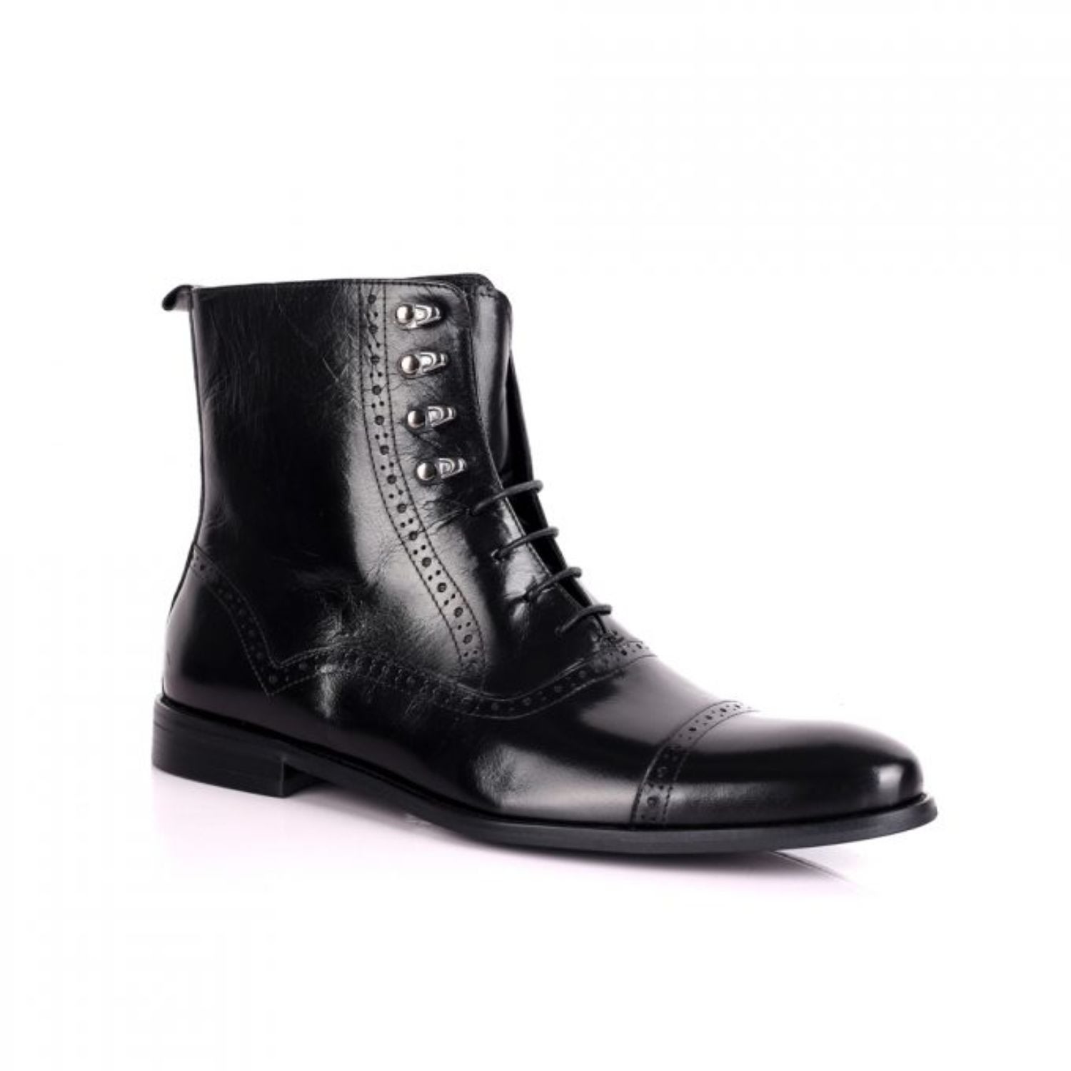 David Wej Men's Black Leather Lace Boots With Eyelets Brogue Details In Black