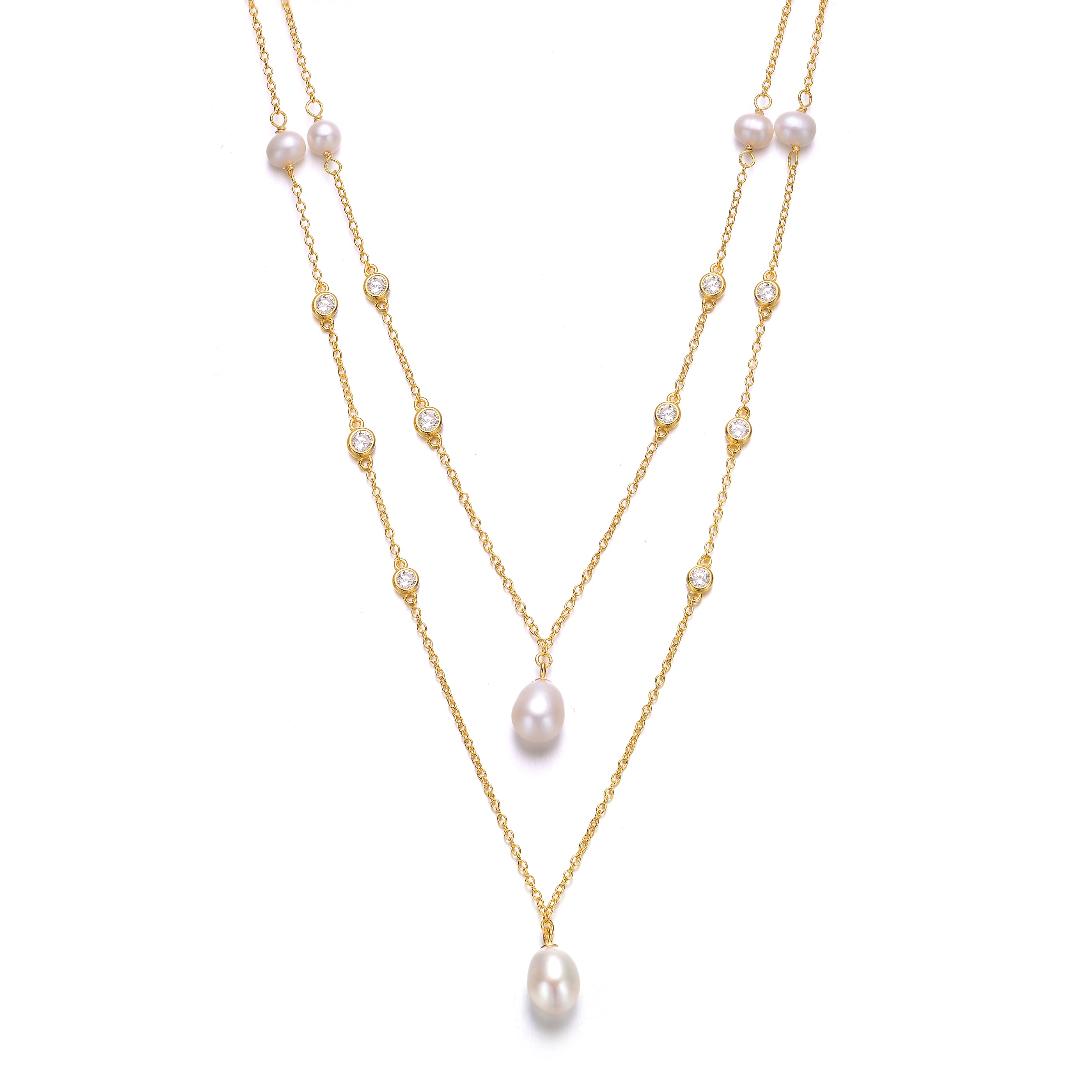 Women’s Gold / White Delphine Golden Pearl Dainty Layered Duble Necklace Genevive Jewelry