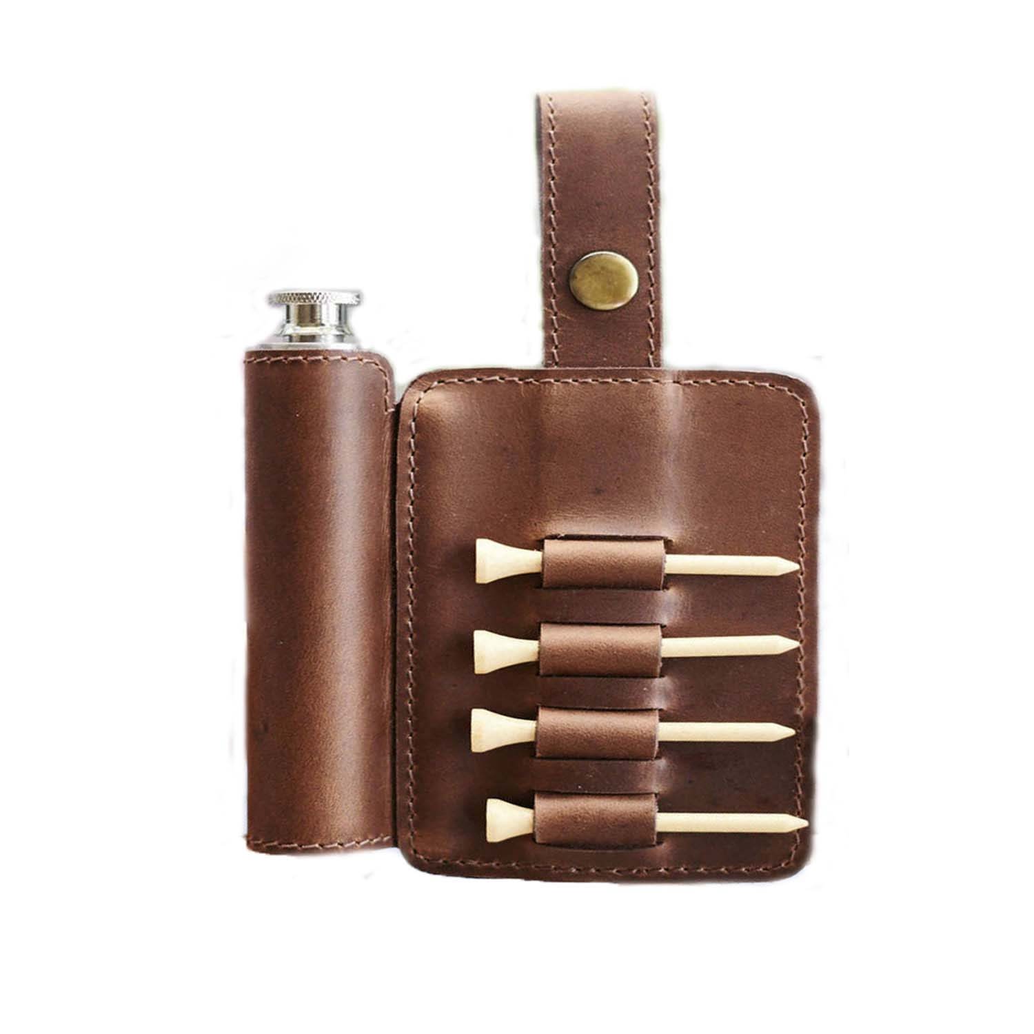 Men’s Brown Tan Leather Golf Tee Holder & Hip Flask Vida Vida