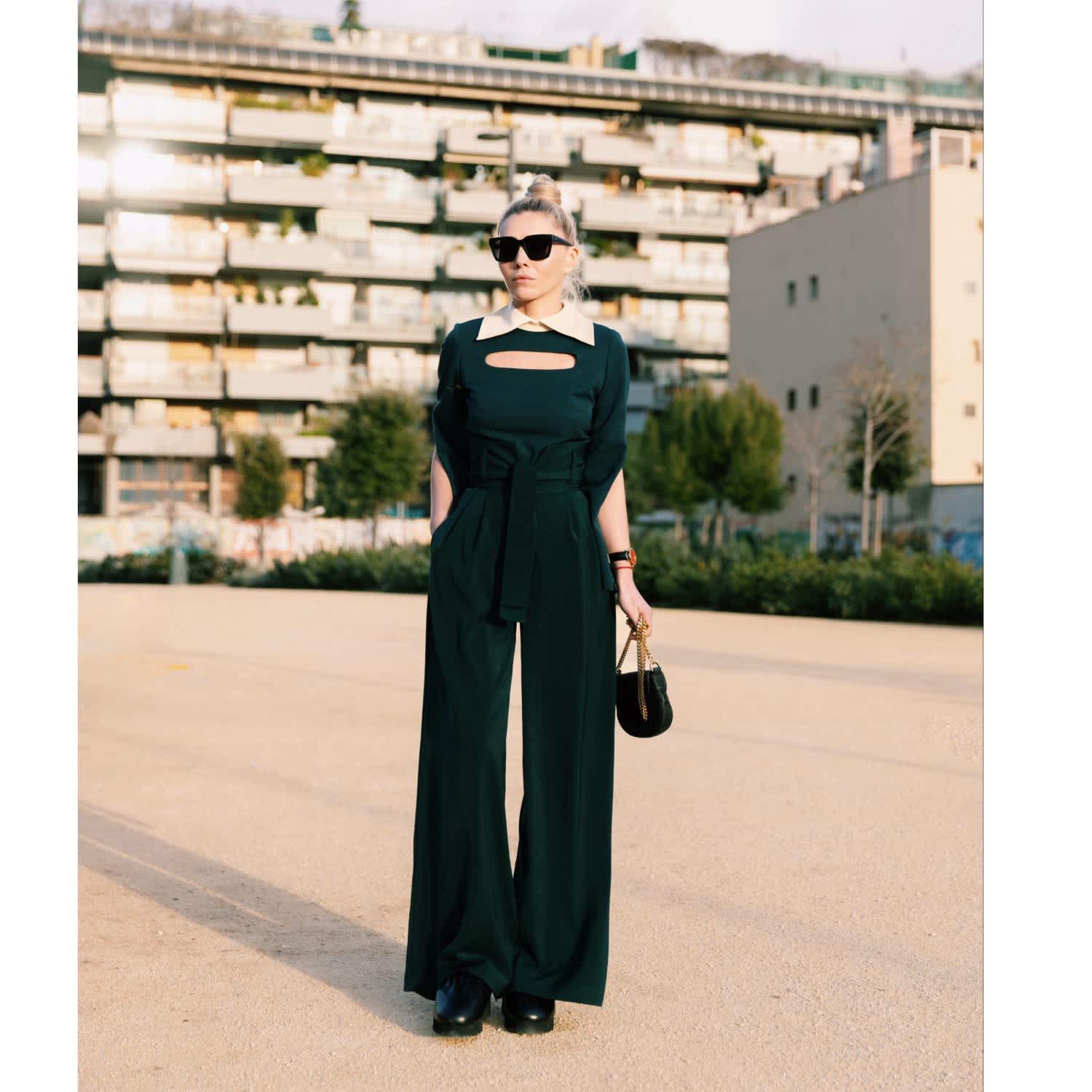 Dark Green High Waist Long Wide Leg Trousers by Julia Allert