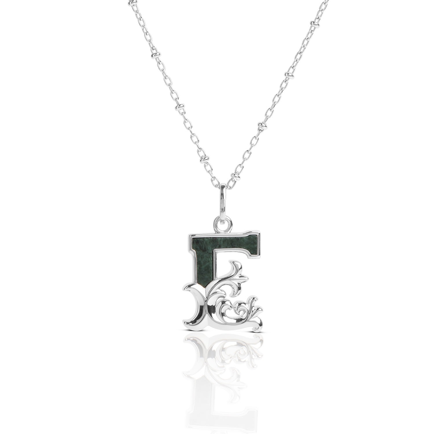 Women’s Solid Silver E Initial Necklace With Green Marble Kasun