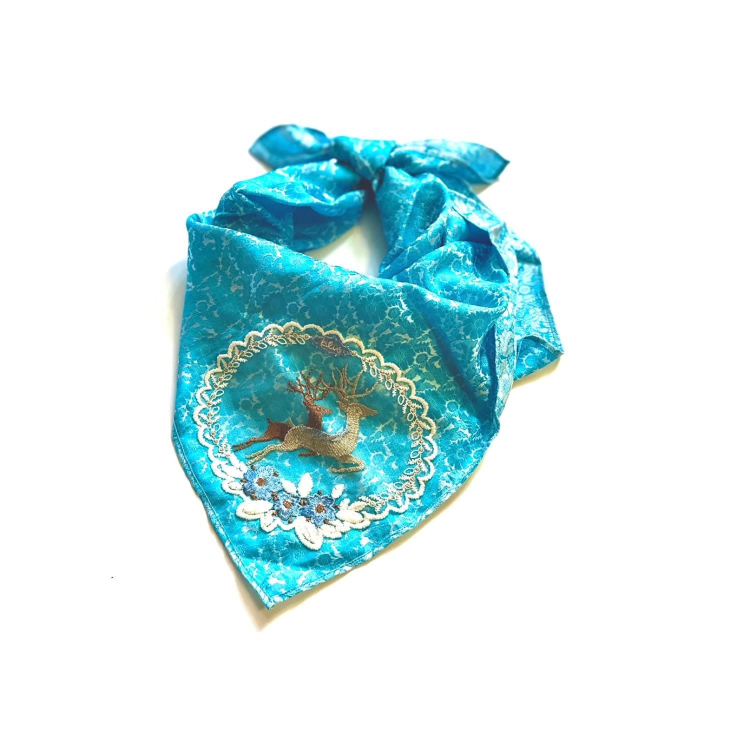 La Femme Mimi Women's Silk Scarf Embroidered Blue Deers In Blue