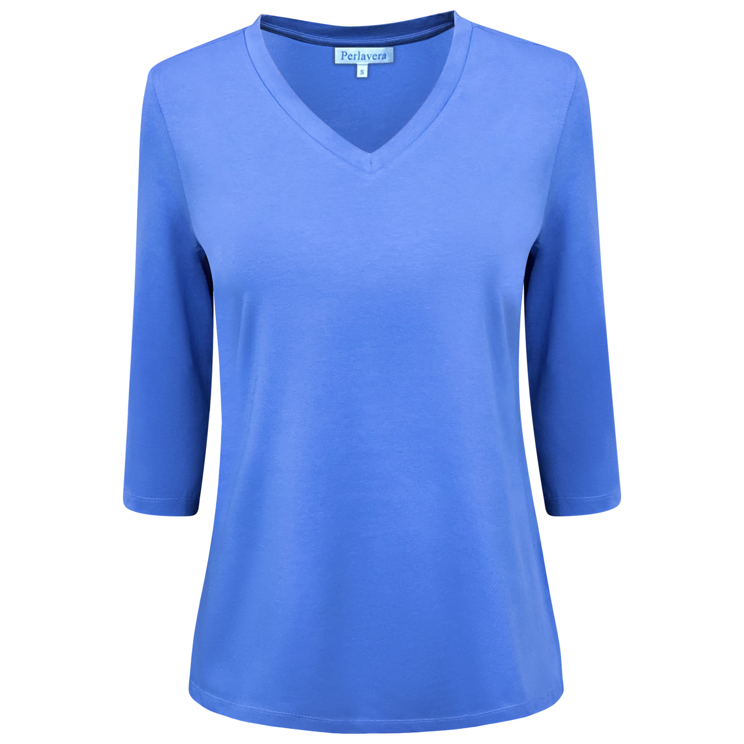 Perlavera Women's Tony  Blue Solid Cotton Spandex Three Quarter Sleeve Length V-neck T-shirt In Blue
