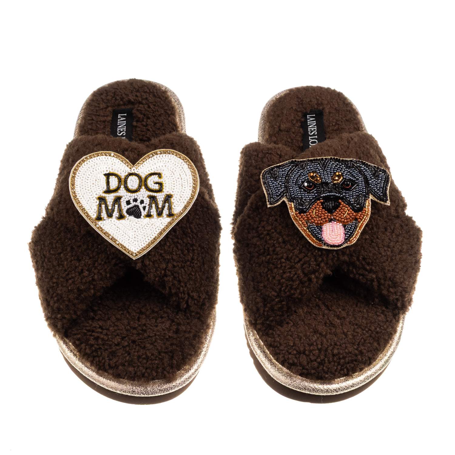 Laines London Women's Brown / Neutrals Boucle Slippers With Dog Mum/mom & Rottweiler Brooches - Chocolate In Brown