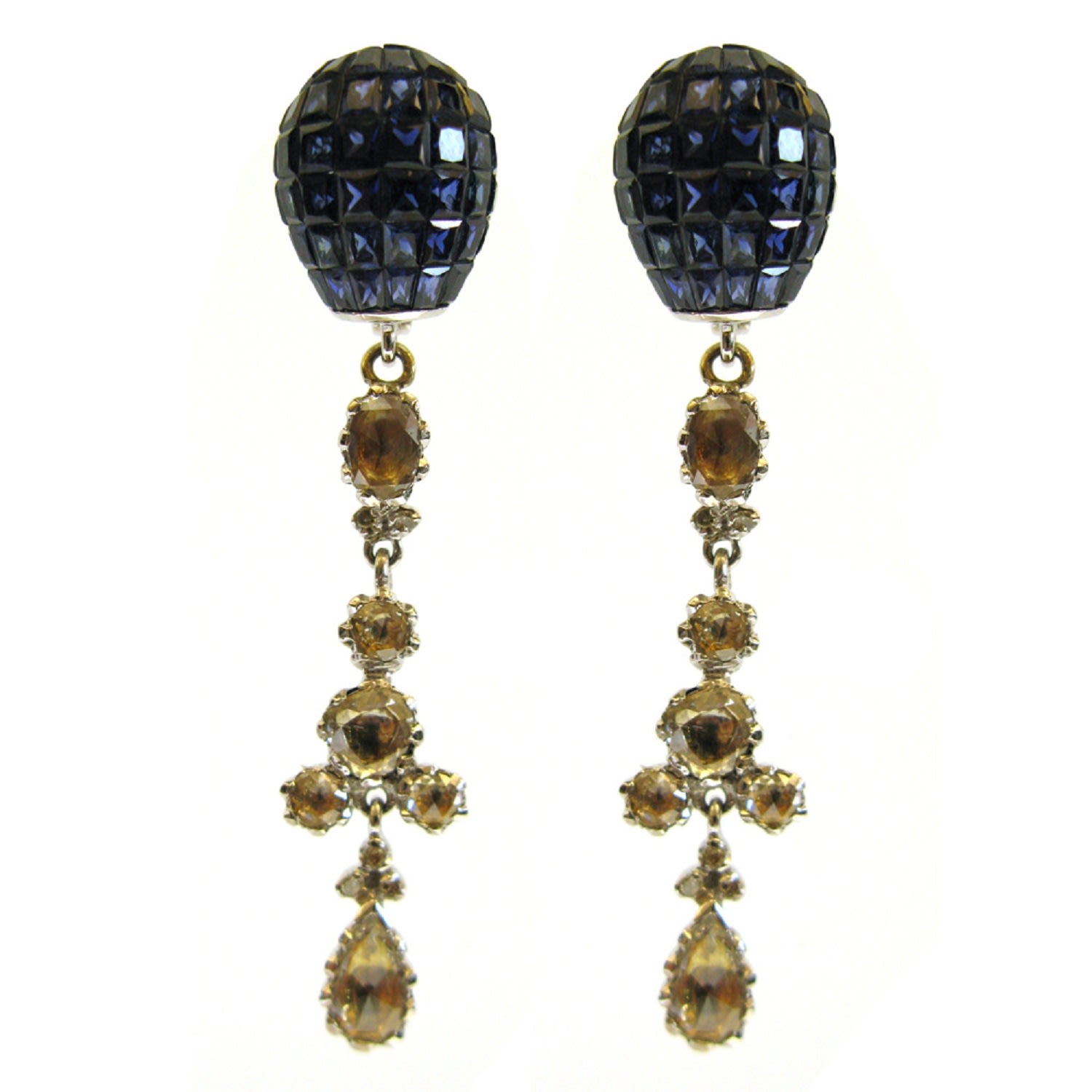 Artisan Women's Blue / Gold 14k Gold 925 Sterling Silver Natural Diamond Dangle Earrings