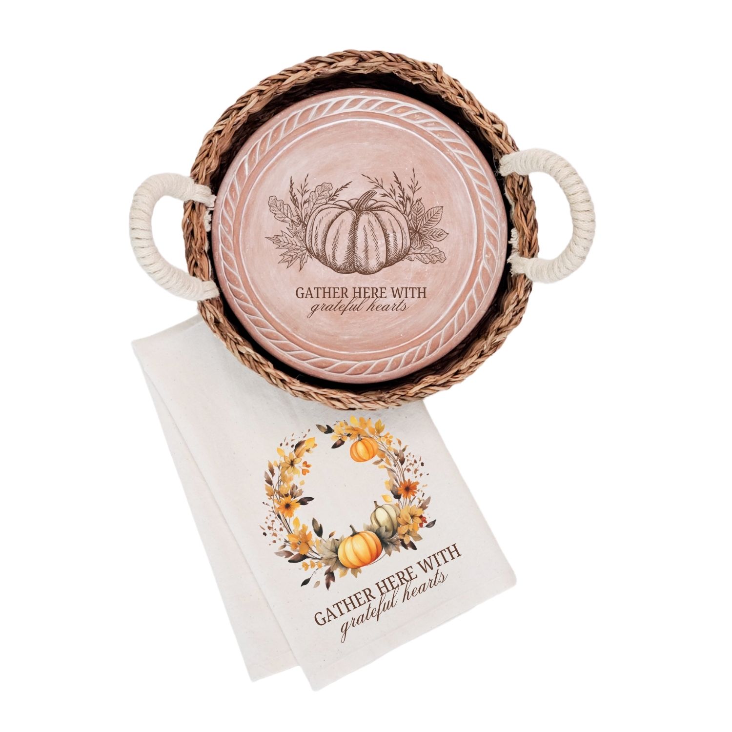Korissa Neutrals / Brown Bread Warmer & Basket Gift Set With Tea Towel - Pumpkin Round In Brown
