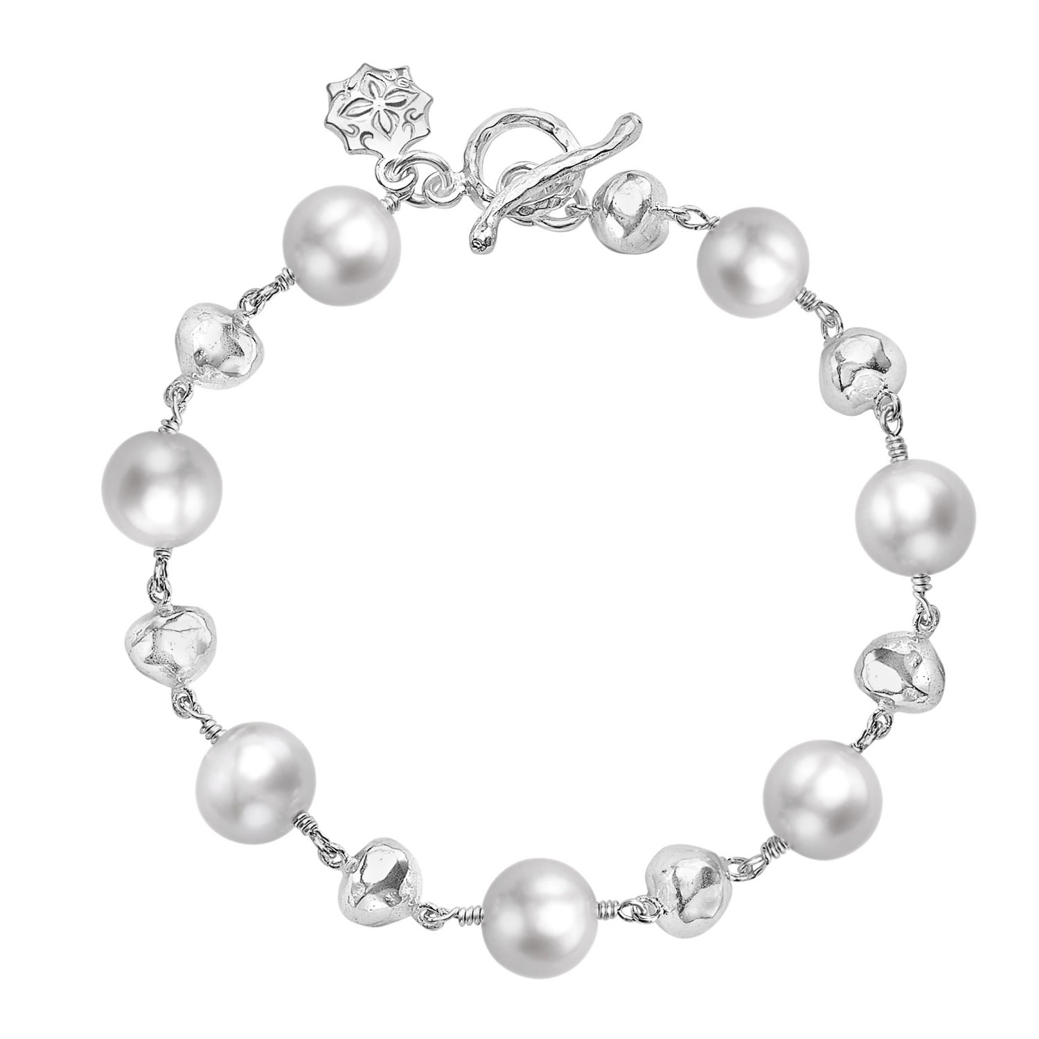 Women’s Silver Nugget & White Freshwater Pearl Bracelet Dower & Hall