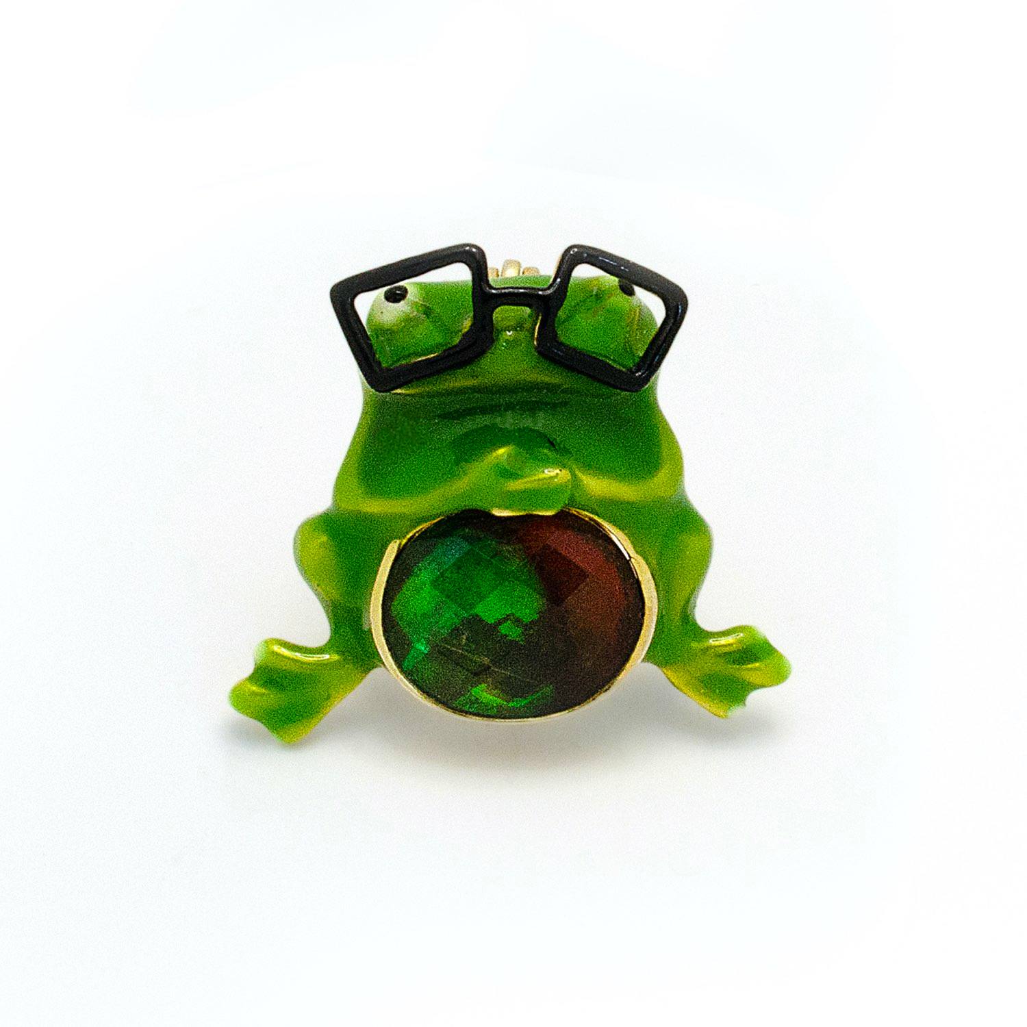 Jiaying Wang Wjy Studio London Women's Green Frog Enamel Ammolite Gemstones Pendant Brooch