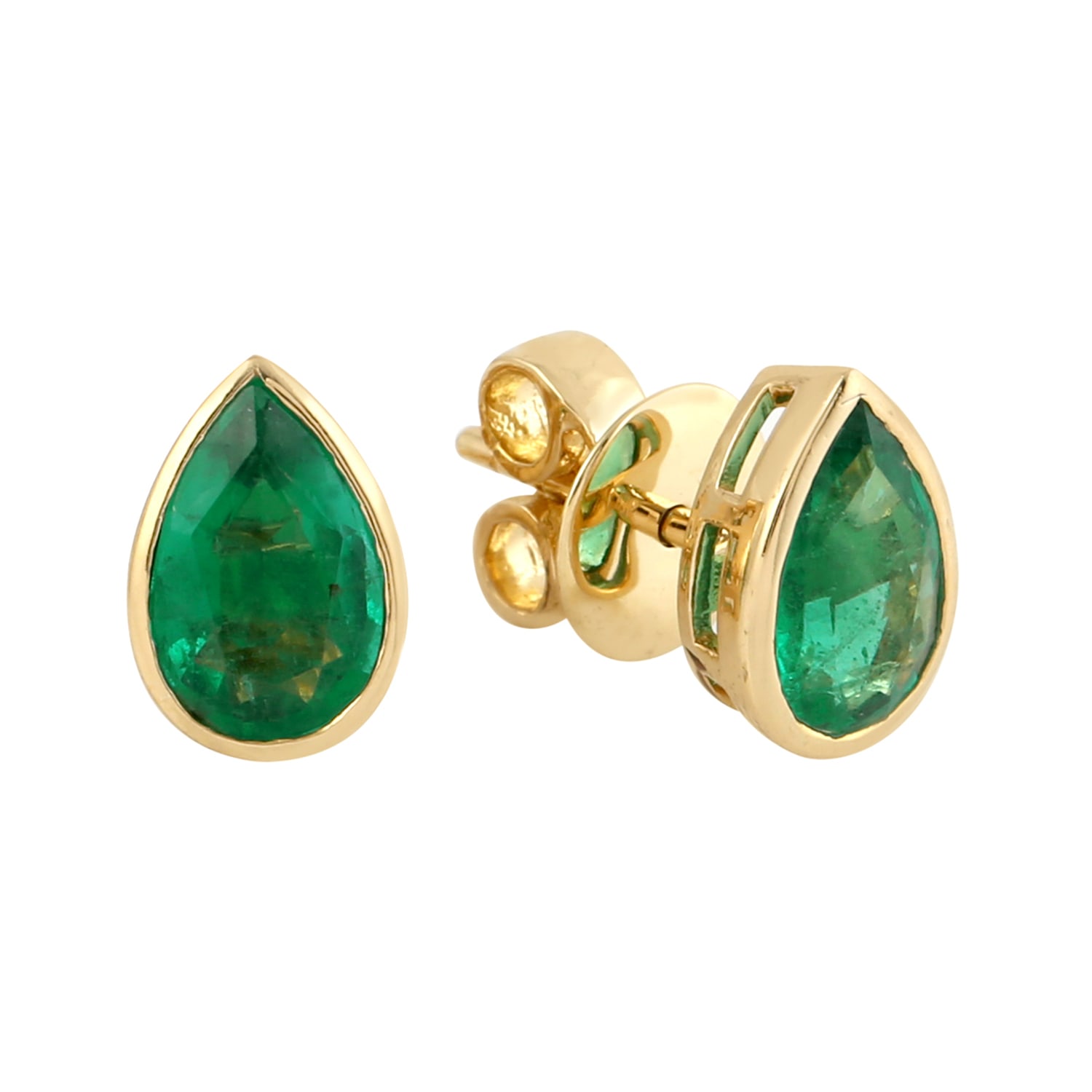 Women’s Gold / Green Pear Cut Emerald Gemstone Bezel Set In 18K Yellow Gold Designer Stud Earrings Artisan