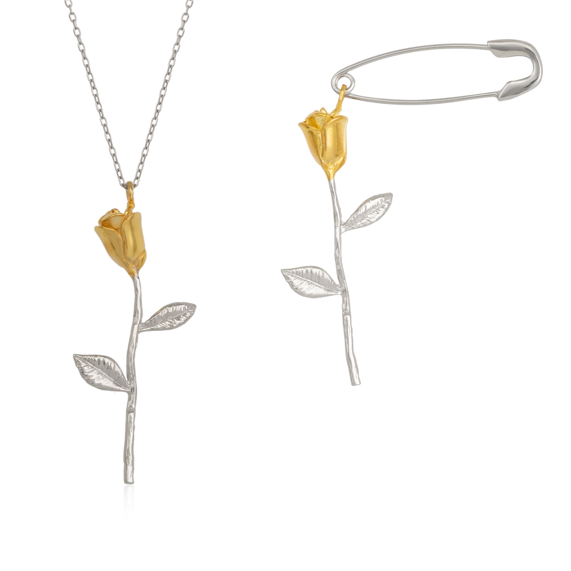 Spero London Women's Gold Color Rose Sterling Silver Necklace & Safety Pin Earring Set In Yellow