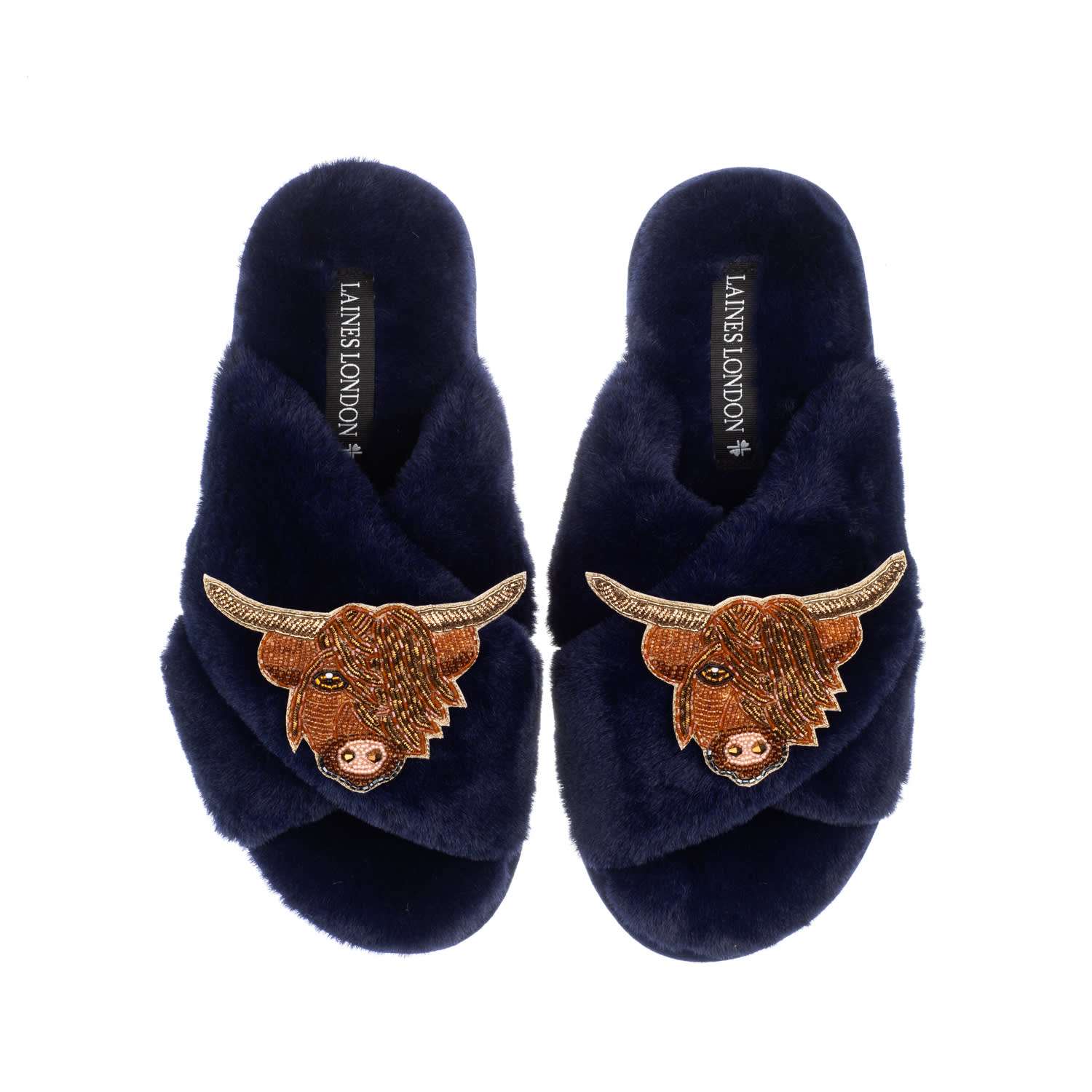 Laines London Women's Blue Classic Laines Slippers With Double Highland Cow Brooches - Navy In Blue