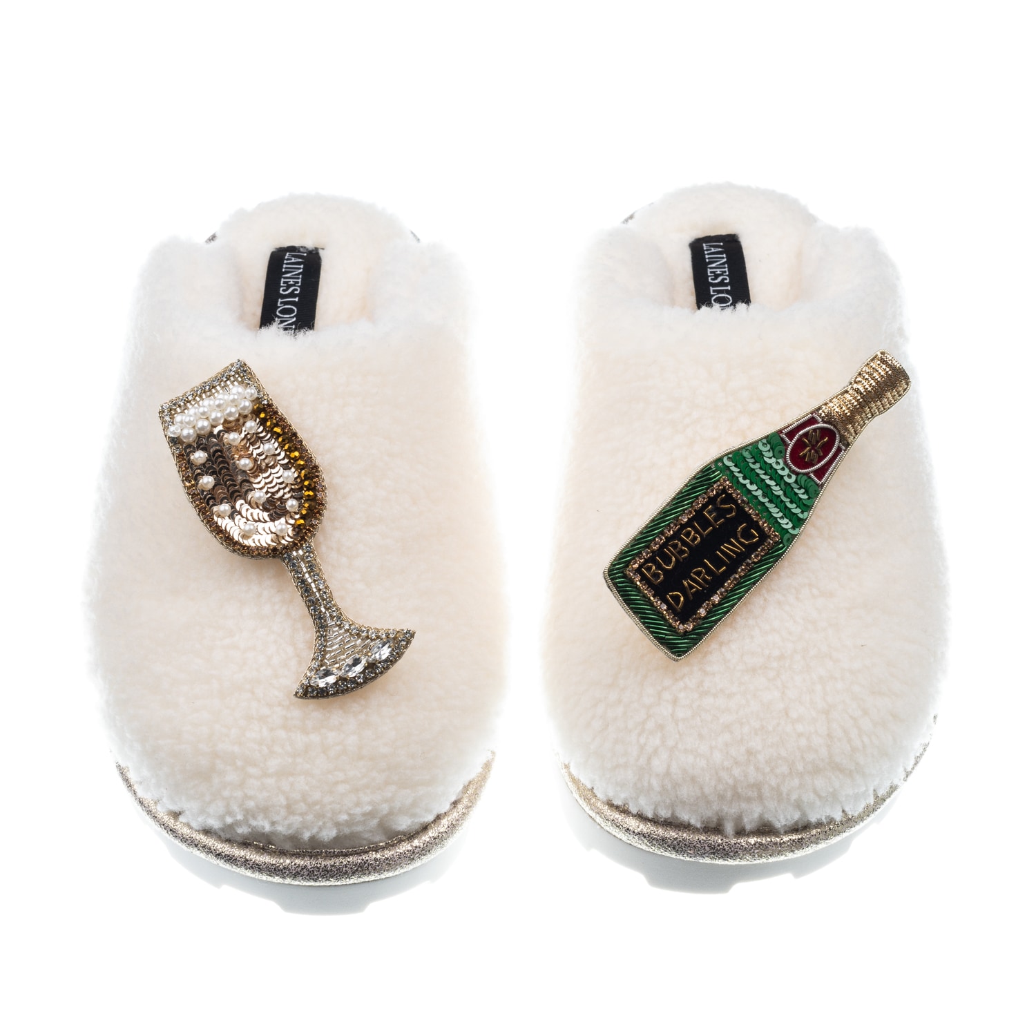 Laines London Women's White Teddy Closed Toe Slippers With Bubbles Darling Brooches - Cream In White