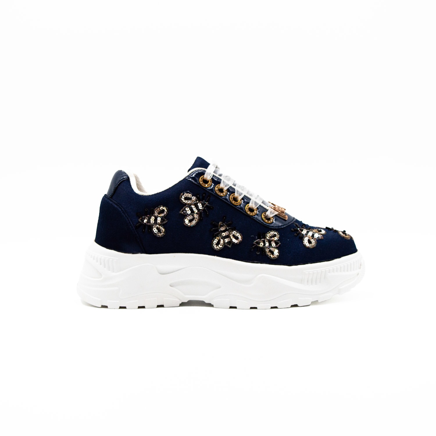 Rettrose Women's Blue The Kennedy Luxury Navy Satin Handmade Embellished Trainer In Blue