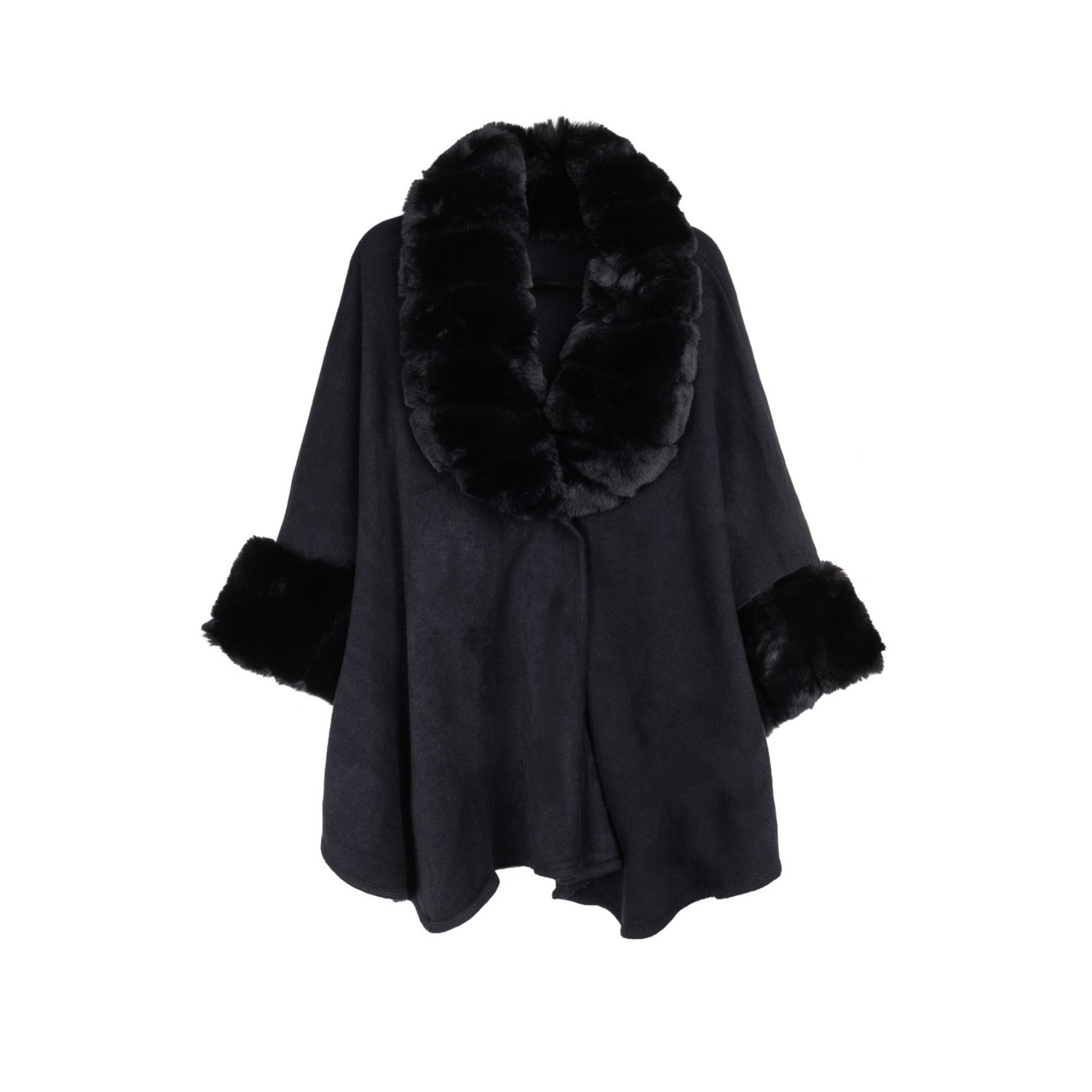 Women's Faux Fur Trim Black Kimono | One Size | Saachi