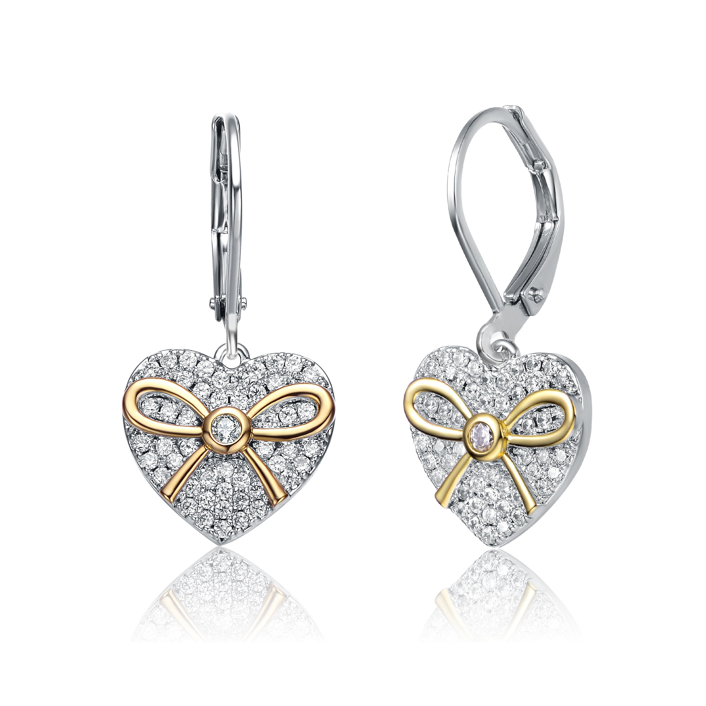 Women’s Silver / Gold / White Sterling Silver Two Tone With Clear Cubic Zirconia Leverback Earrings Genevive Jewelry