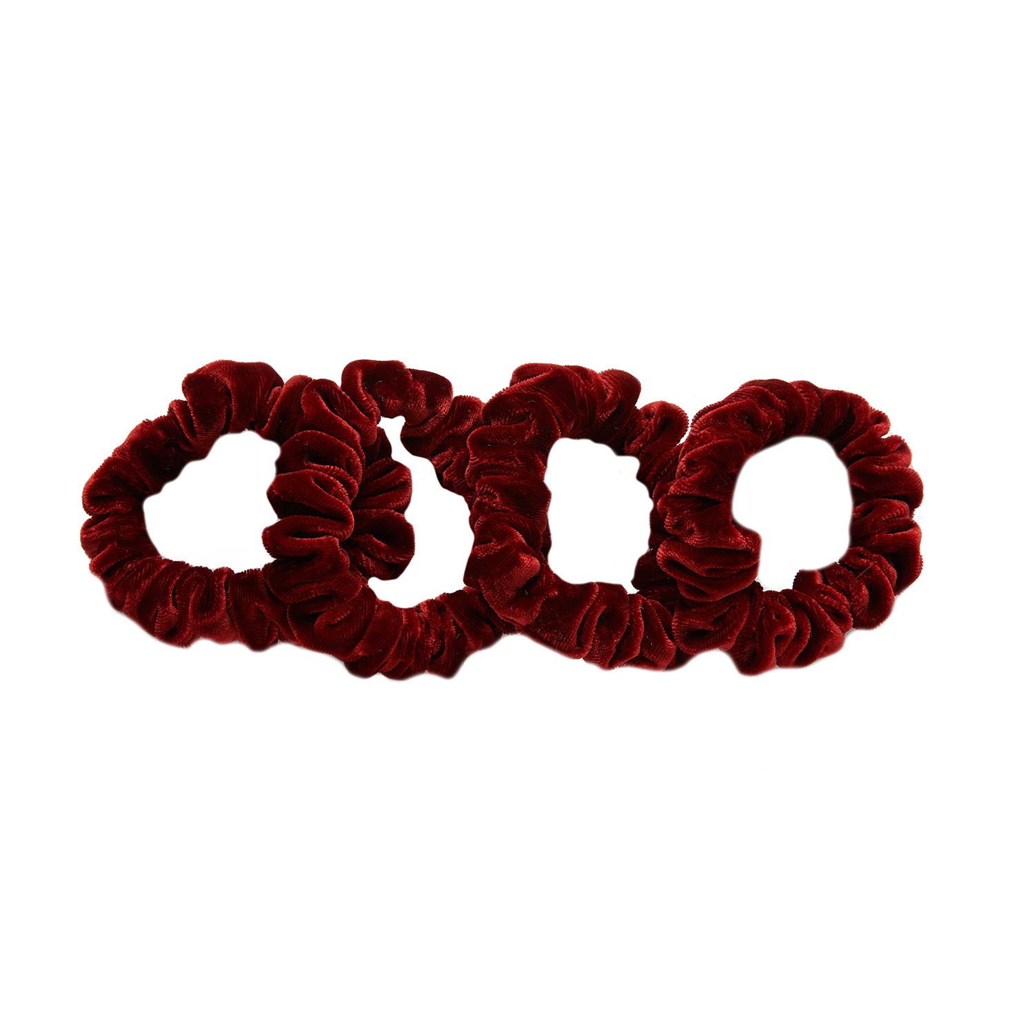 Women's Red Silk Velvet Handmade Mini Scrunchie Set Of Four, Lipstick Collection In Niagara Wine | One Size | Soft Strokes Silk