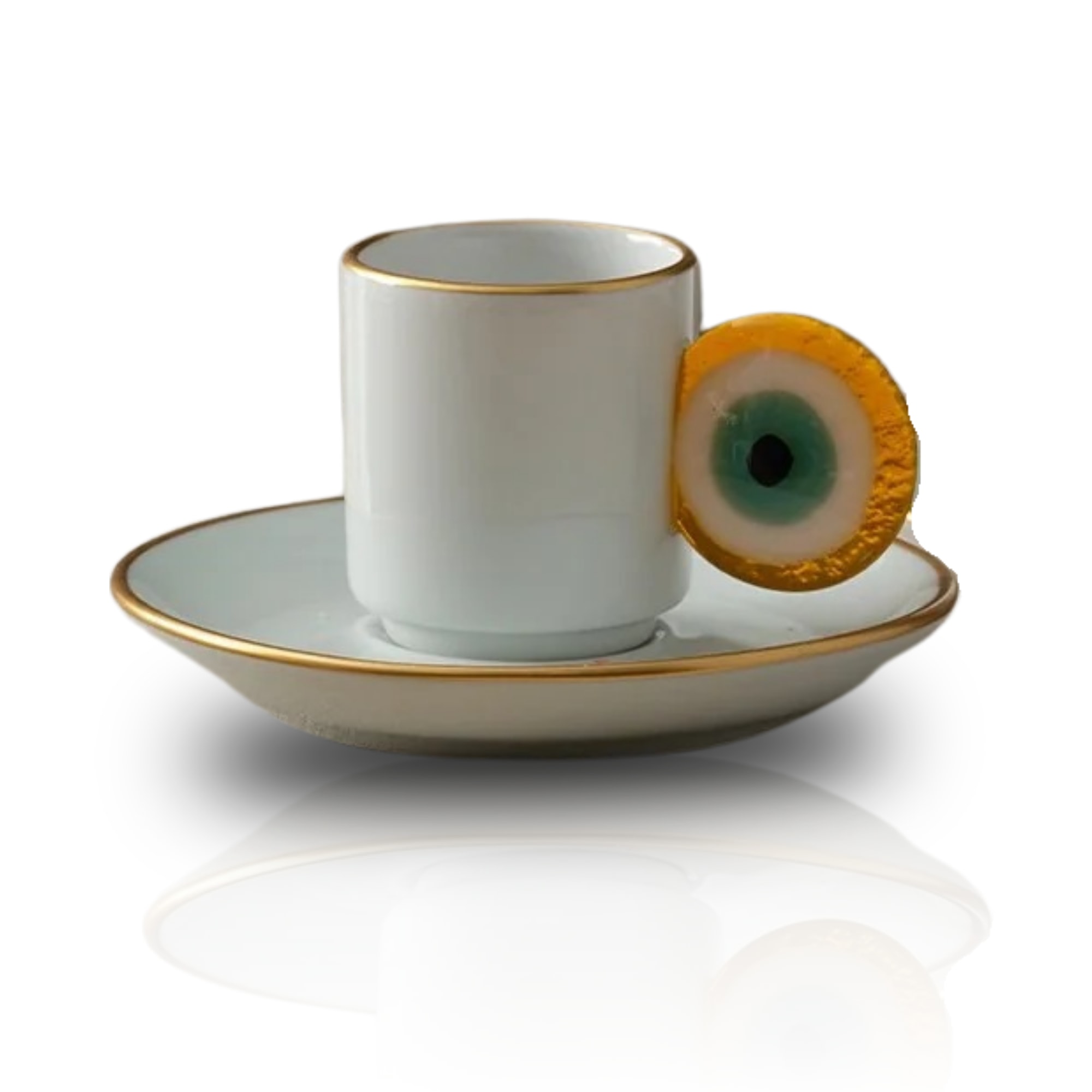 Gold / White Porcelain Espresso Cup With Gold Evil Eye Accent & Matching Saucer | Marleth
