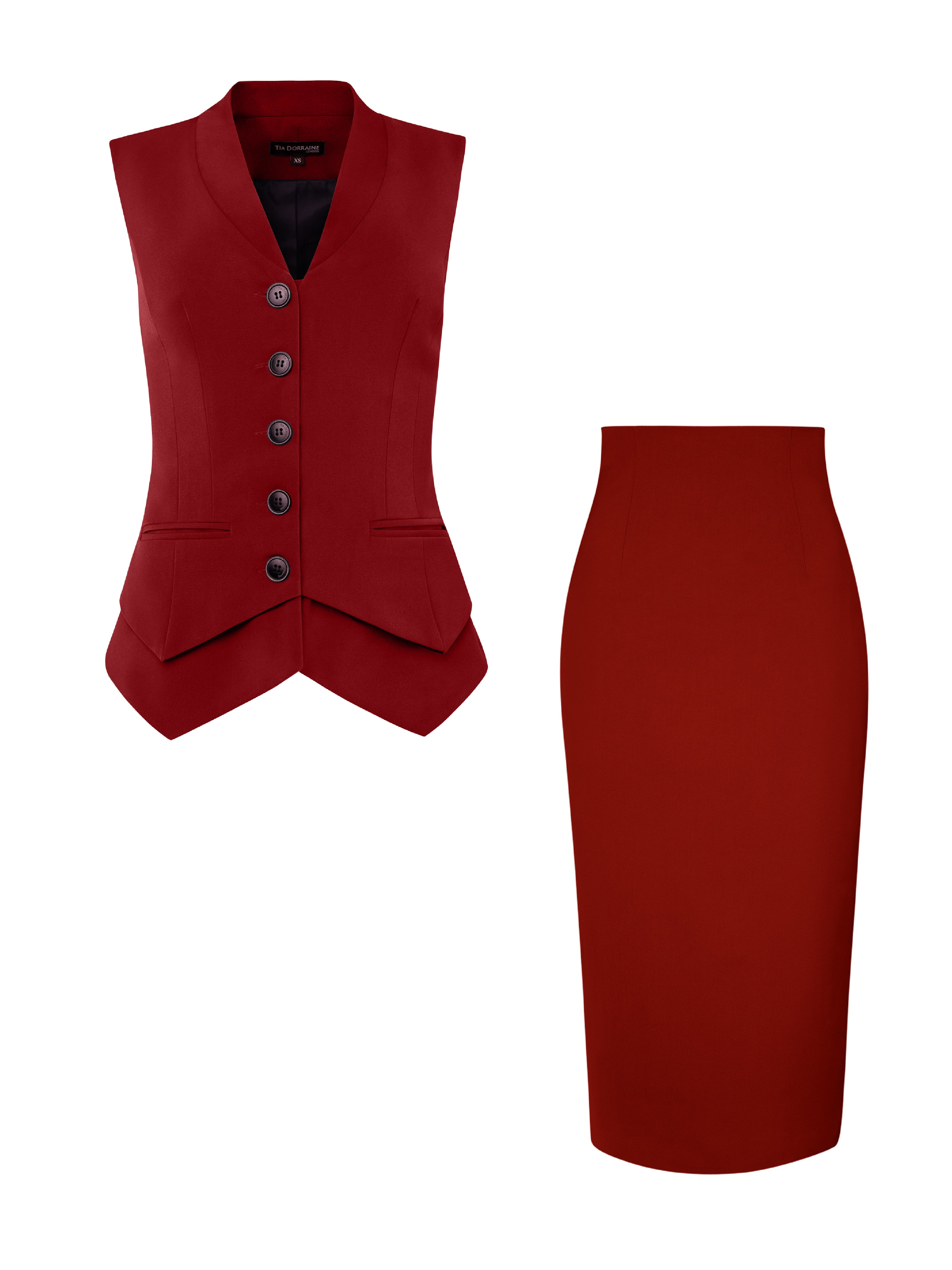 Tia Dorraine Red Fitted Waistcoat & Skirt Set, Burgundy