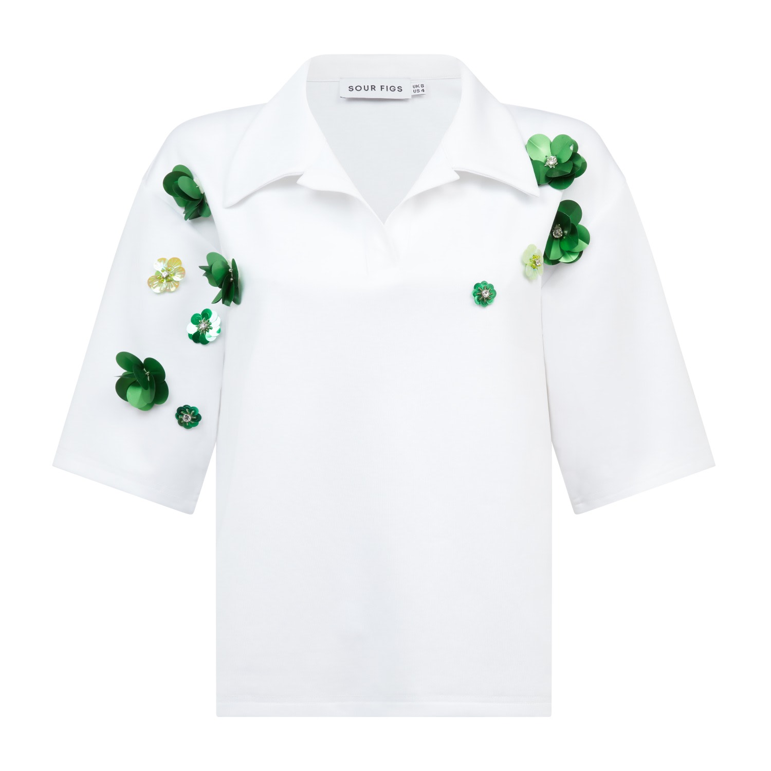 Sour Figs Women's Green / White Floral Embellished Polo Shirt In White In Multi