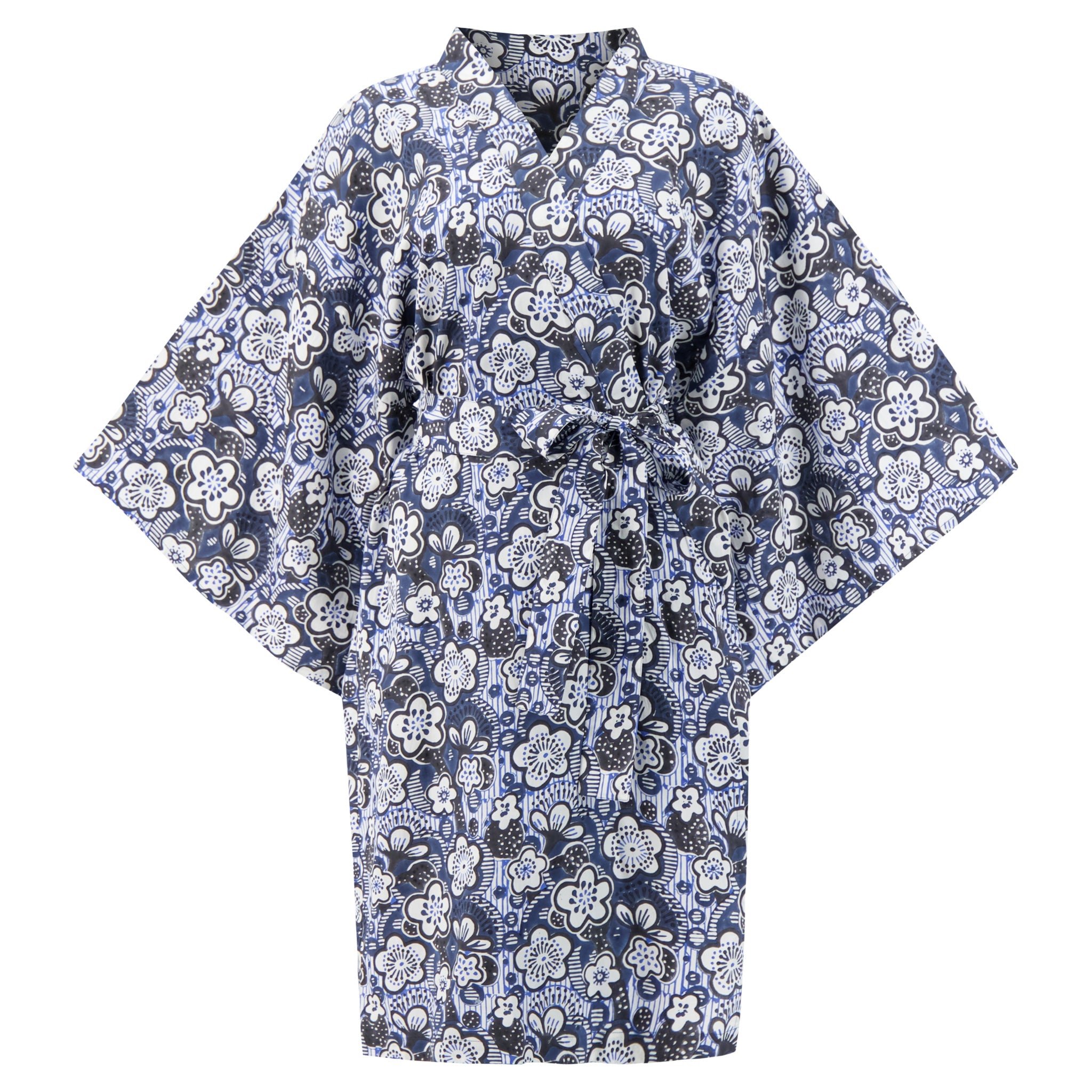 Women’s Blue / Black / White Lena Organic Cotton Lounge Kimono Robe With Obi Belt Tie And Hidden Sleeve Pockets In Midnight Navy And White Peony Block Print One Size Kate Austin Designs