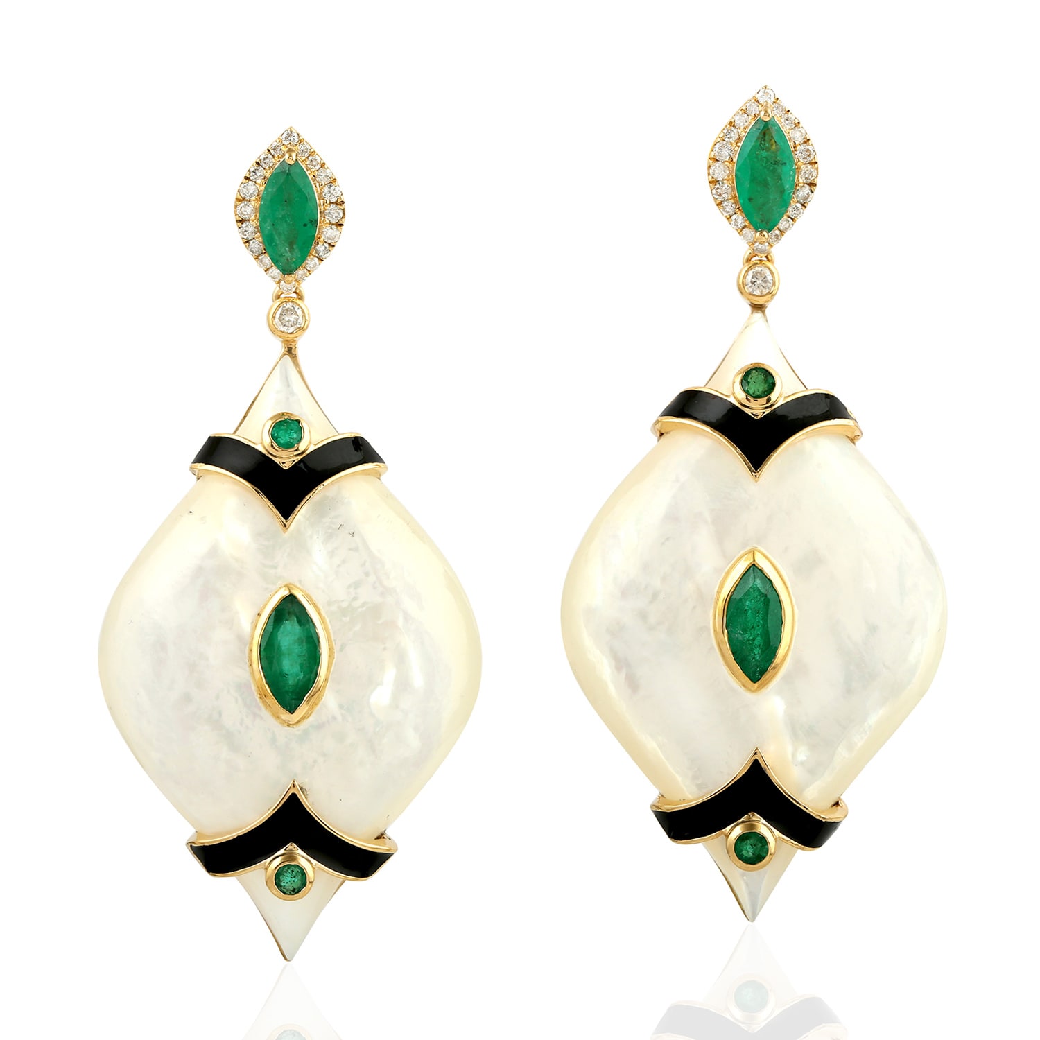 Artisan Women's Green / White / Gold Mother Of Pearl & Emerald Enamel Drop Earrings With Pave Diamonds In Go In Multi