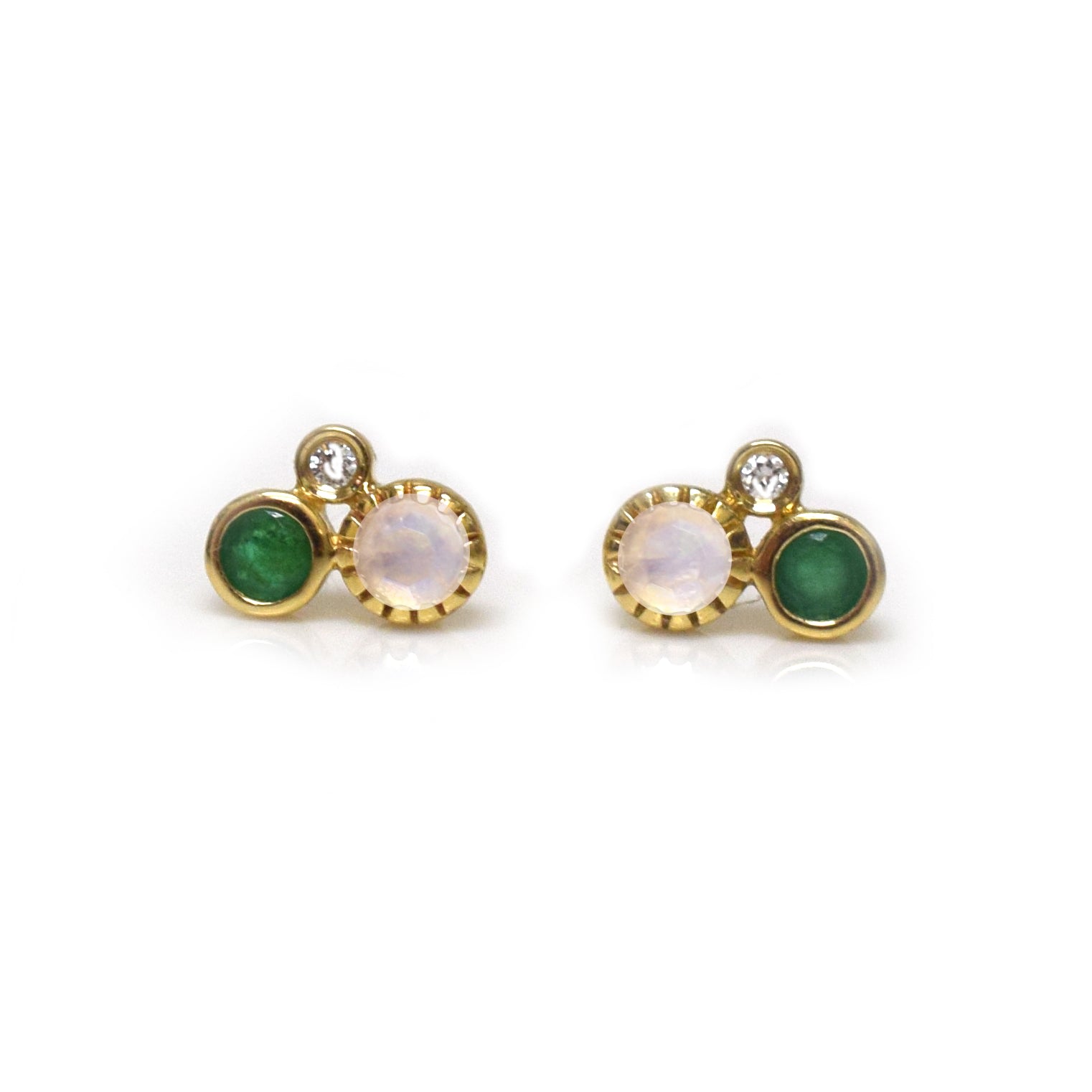 Women’s 14Kt Gold Emerald, Rainbow Moonstone & Diamond Cluster Studs La Kaiser