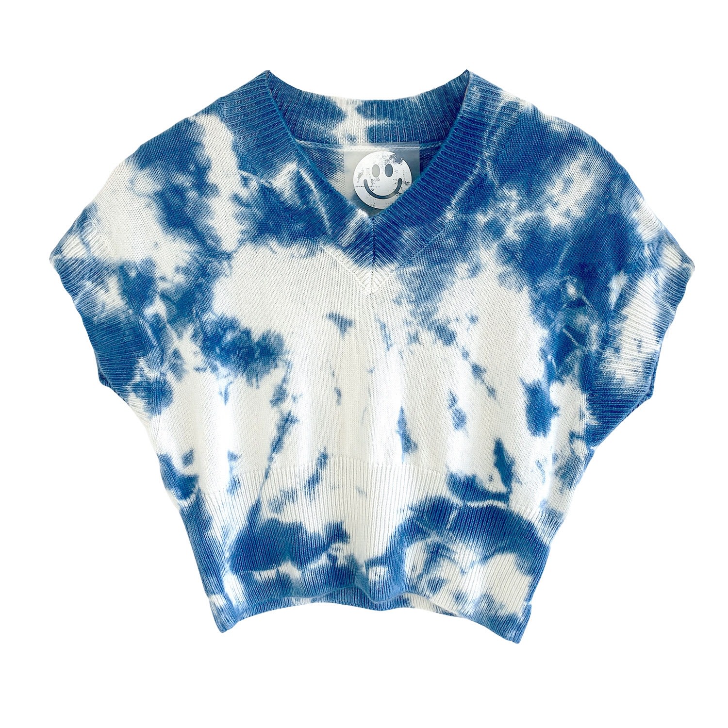 Zenzee Women's White / Blue Cashmere Cropped Sweater Vest - Indigo Shibori Tie Dye In White/blue