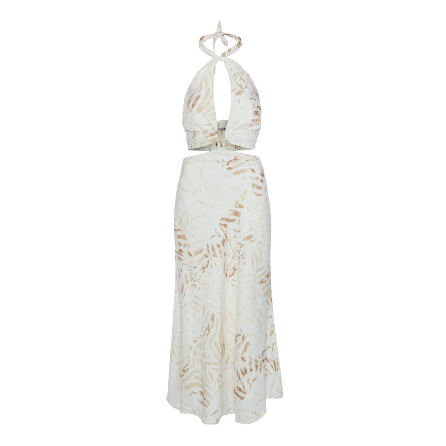 Women&women Women's Neutrals Cut-out Detail, Linen Blend, Backless, Full Patterned, Maxi Dress With Tie-neck