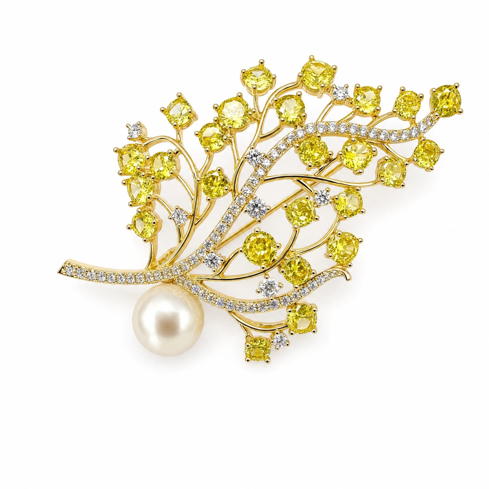 Women's Crystal Branch & Pearl Brooch - Yellow | Angel Barocco
