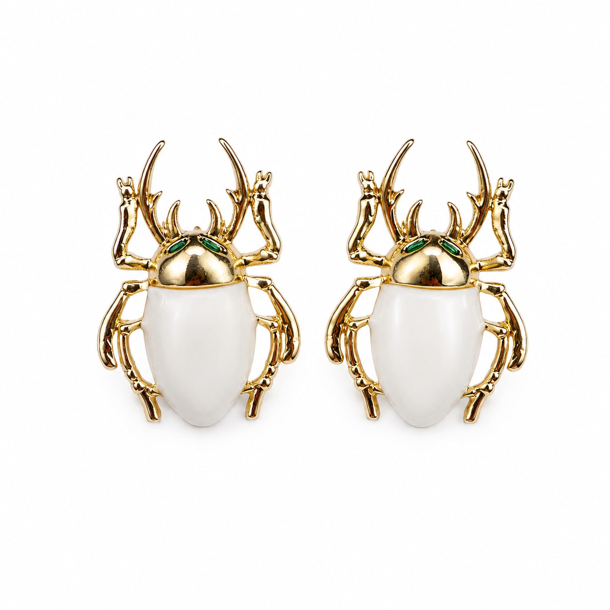 Women's White / Gold Golden Scarab White Enamel Stud Earrings - White | By Ozge