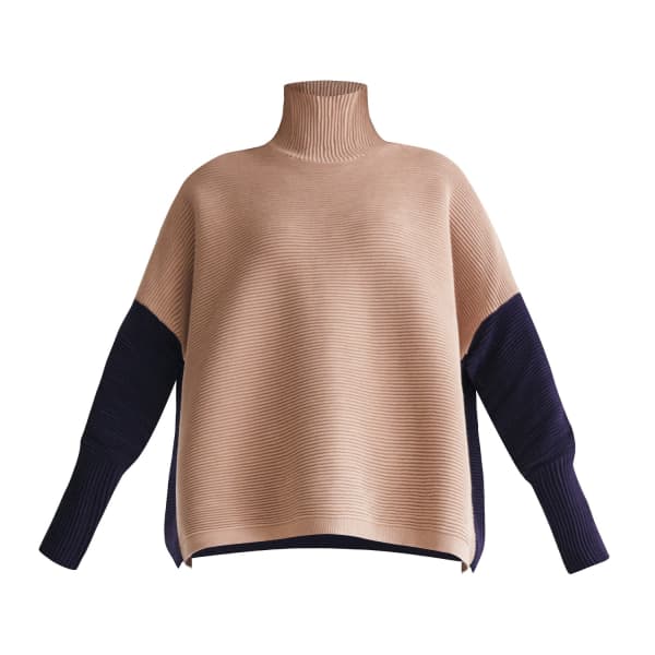 PAISIE Two Tone Ribbed Polo Neck Jumper With Side Splits In Beige & Navy