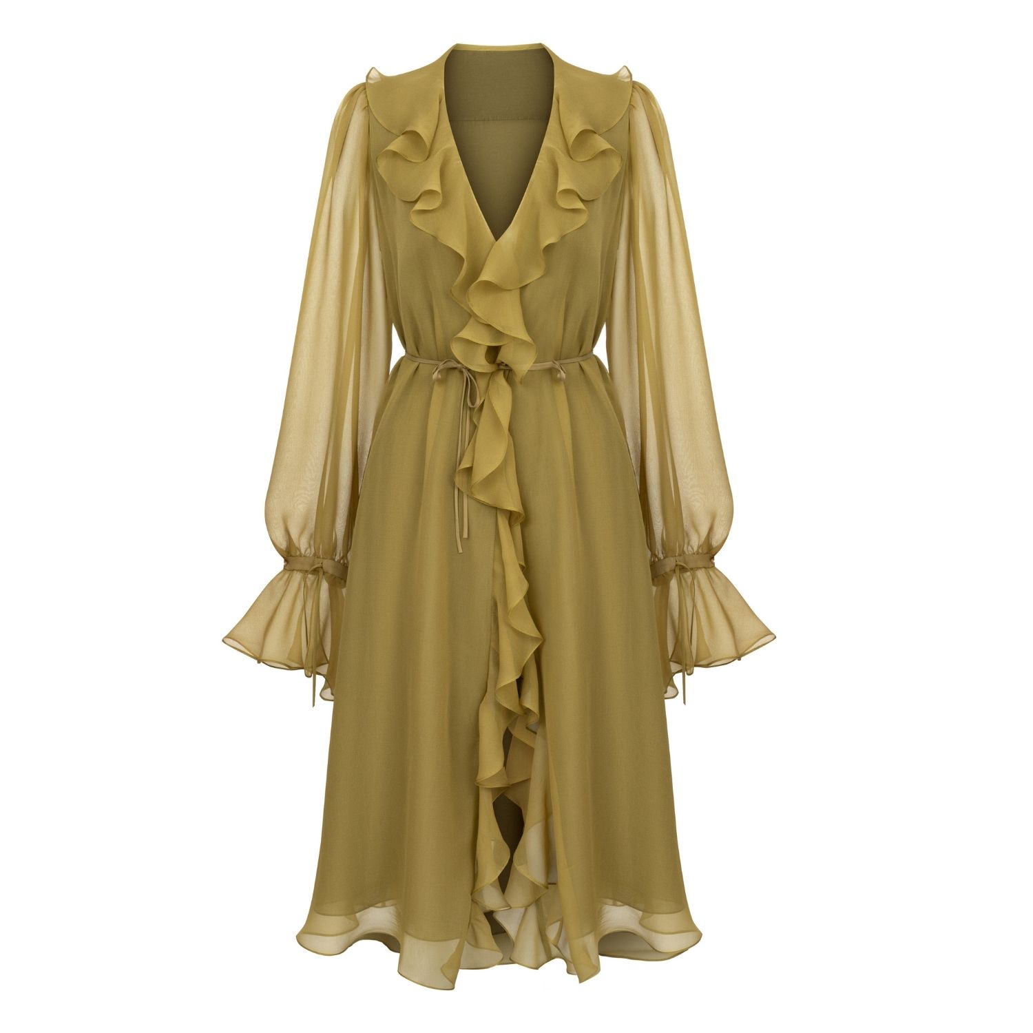 Women's Yellow Olive Cascading Ruffle Dress | Small | Elsava