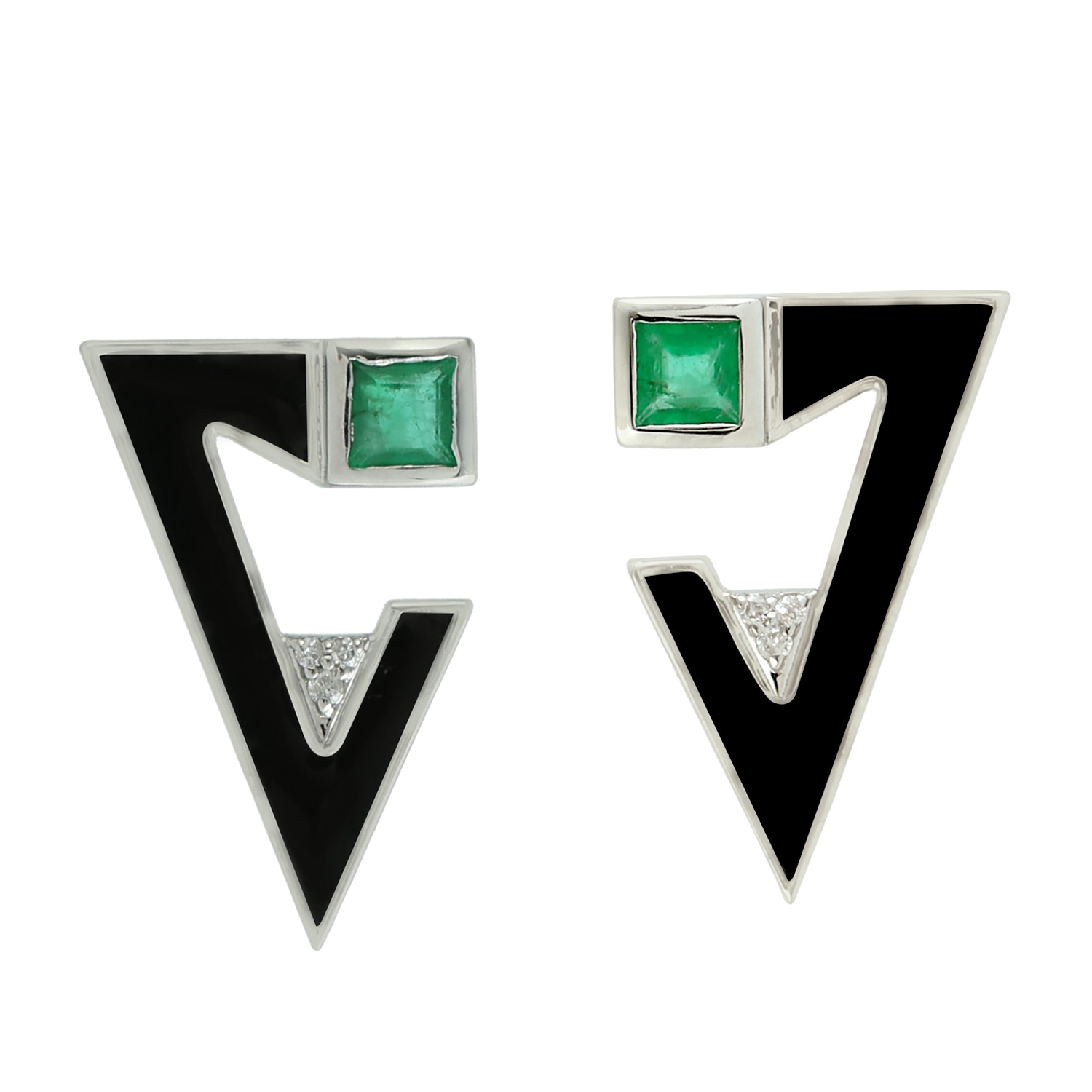 Artisan Women's White / Black / Green 18k White Gold Square Emerald & Diamond Enamel Earrings In Black