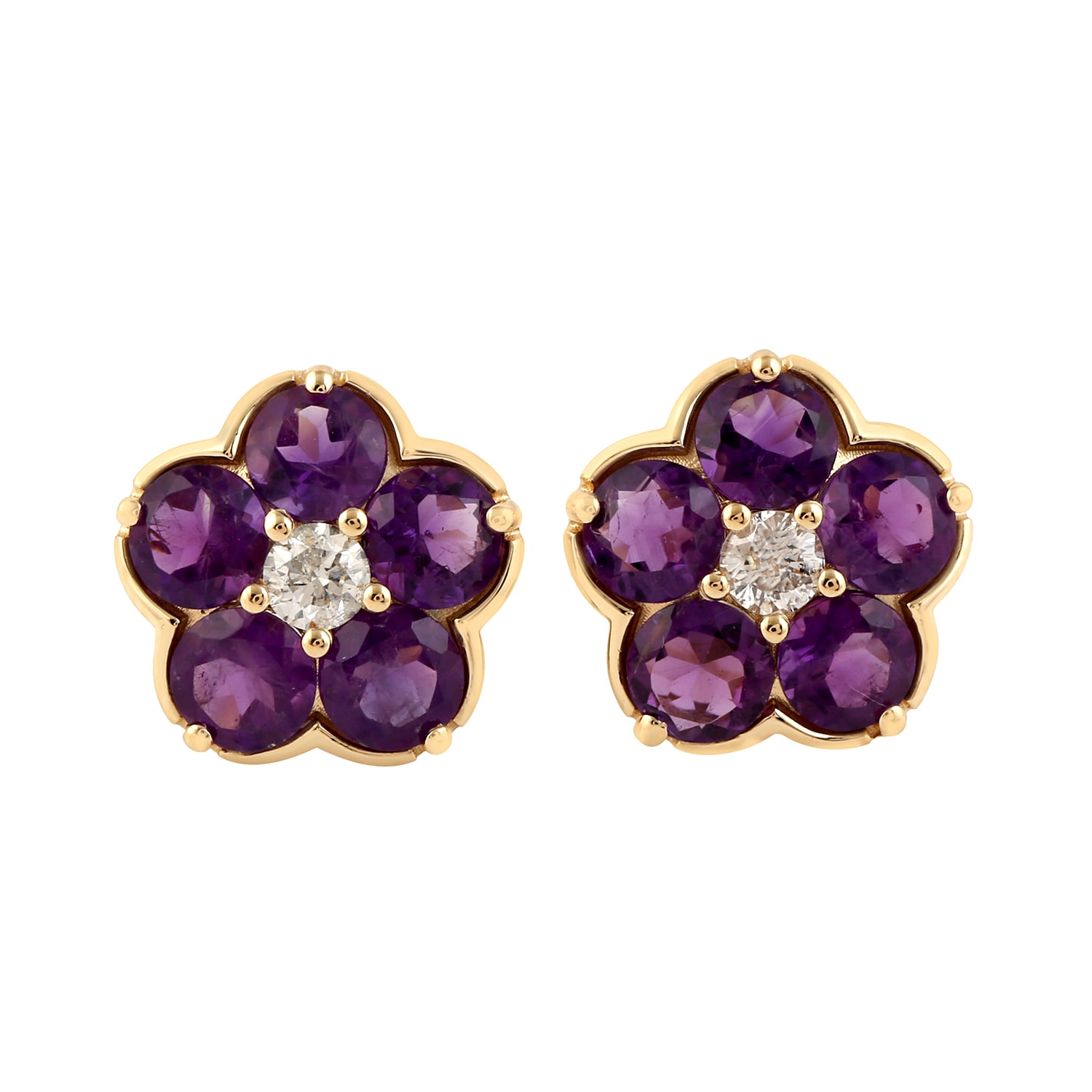 Women’s White / Gold / Pink Amethyst Gemstone & White Diamond With 18K Solid Gold Clover Shape Stud Earrings Artisan