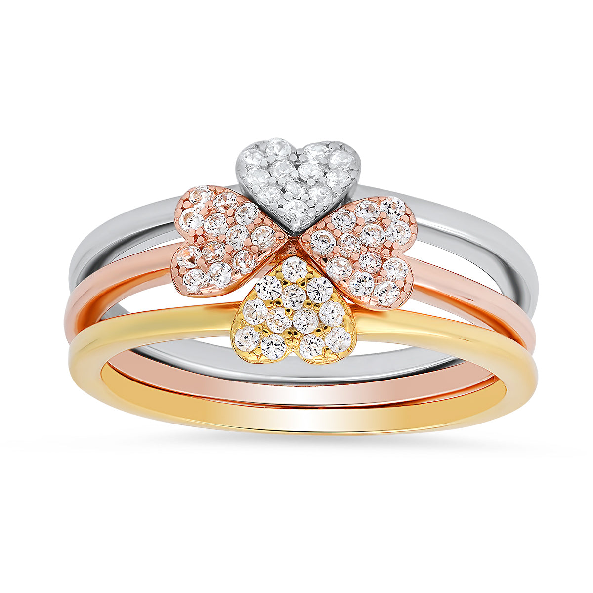 Women’s Tri Color Three Pc Stackable Clover Heart Ring Set In Sterling Silver Kylie Harper