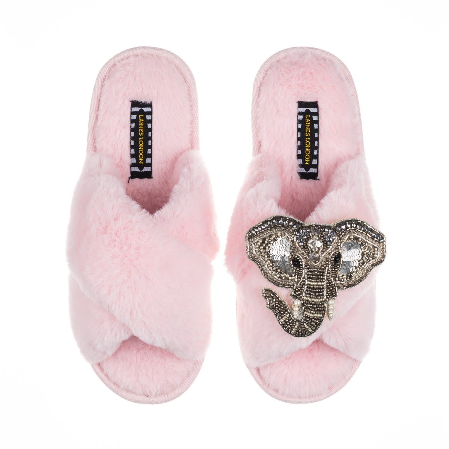 LAINES LONDON - Classic Laines Slippers With Artisan Silver Elephant Brooch - Pink