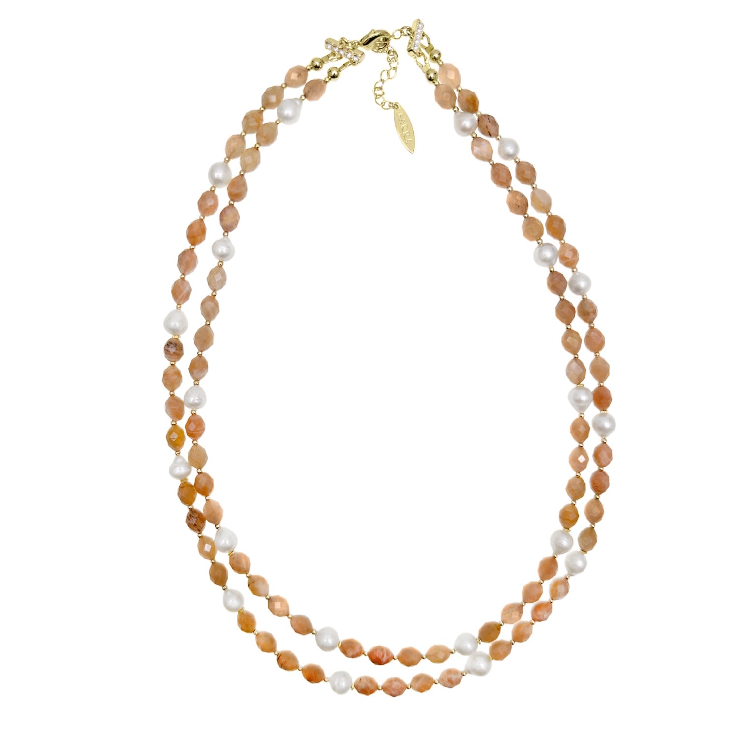 Farra Women's Yellow / Orange Double Layers Orange Moonstone With Freshwater Pearls Necklace