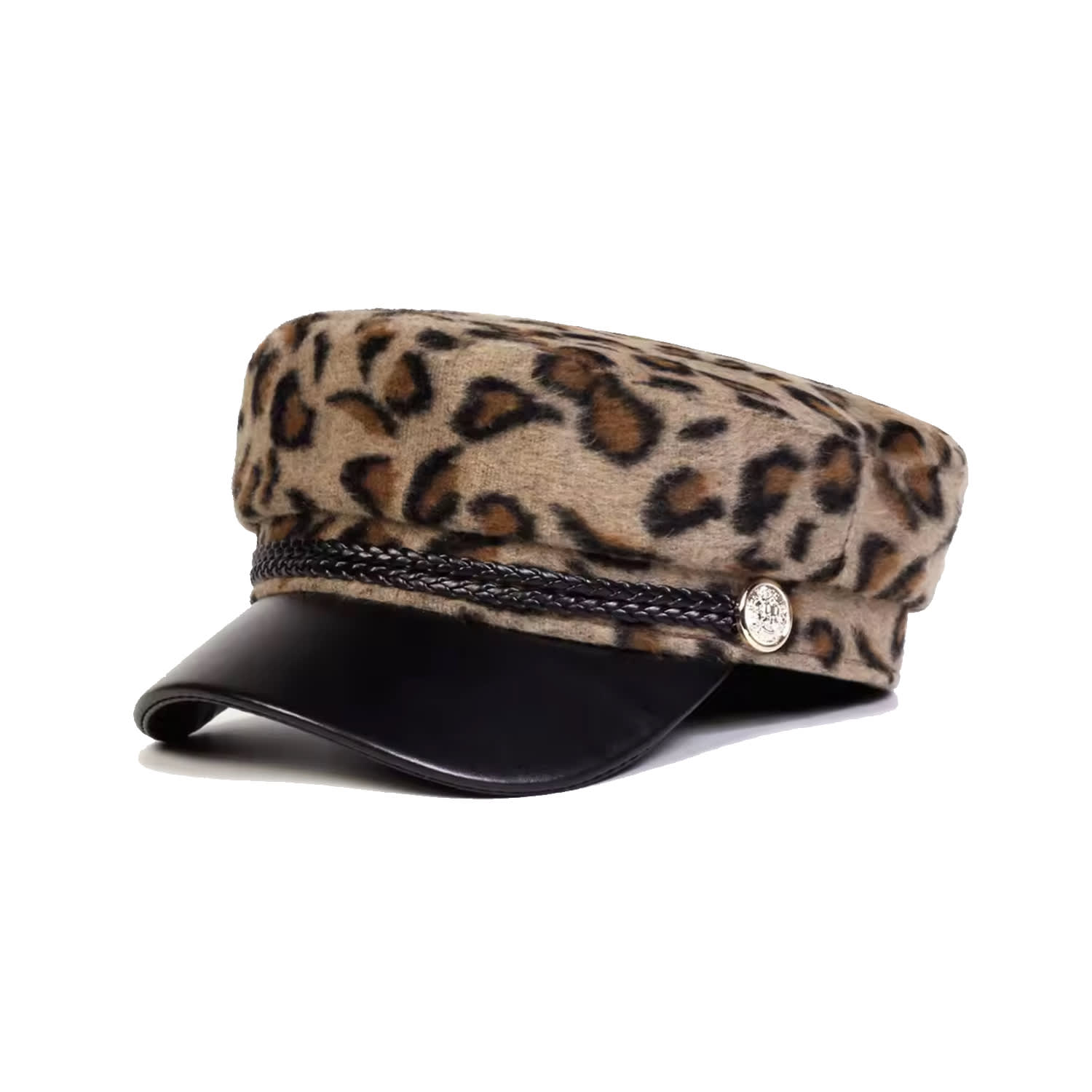 Chanel Joan Elkayam Women's Orange / Brown Braided Trim Faux-leather Front Leopard Print Baker Boy Hat In Animal Print