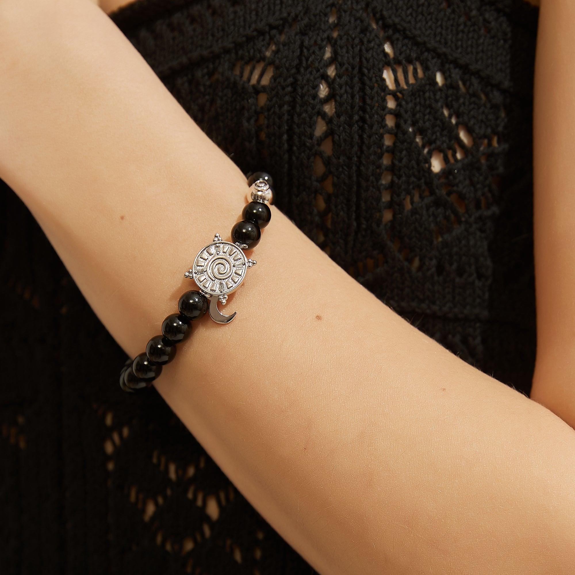 Aurozia Women's Gold / Silver Three Charms Sundial & Lotus & The Endless Love Knot Black Agate Beaded Bracel In Multi