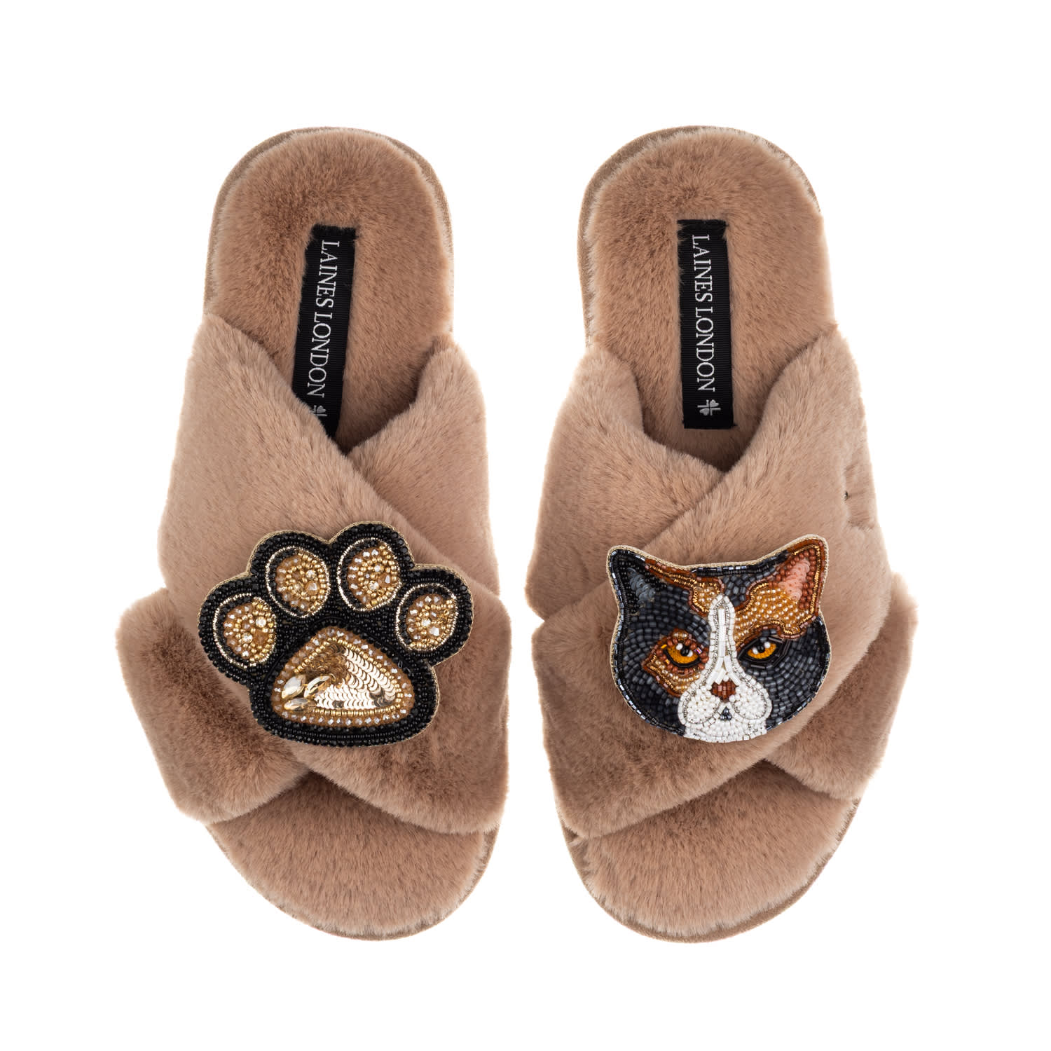 Laines London Women's Brown / Neutrals Classic Laines Slippers With Paw & Domestic Shorthair Calico Cat Brooches - In Brown