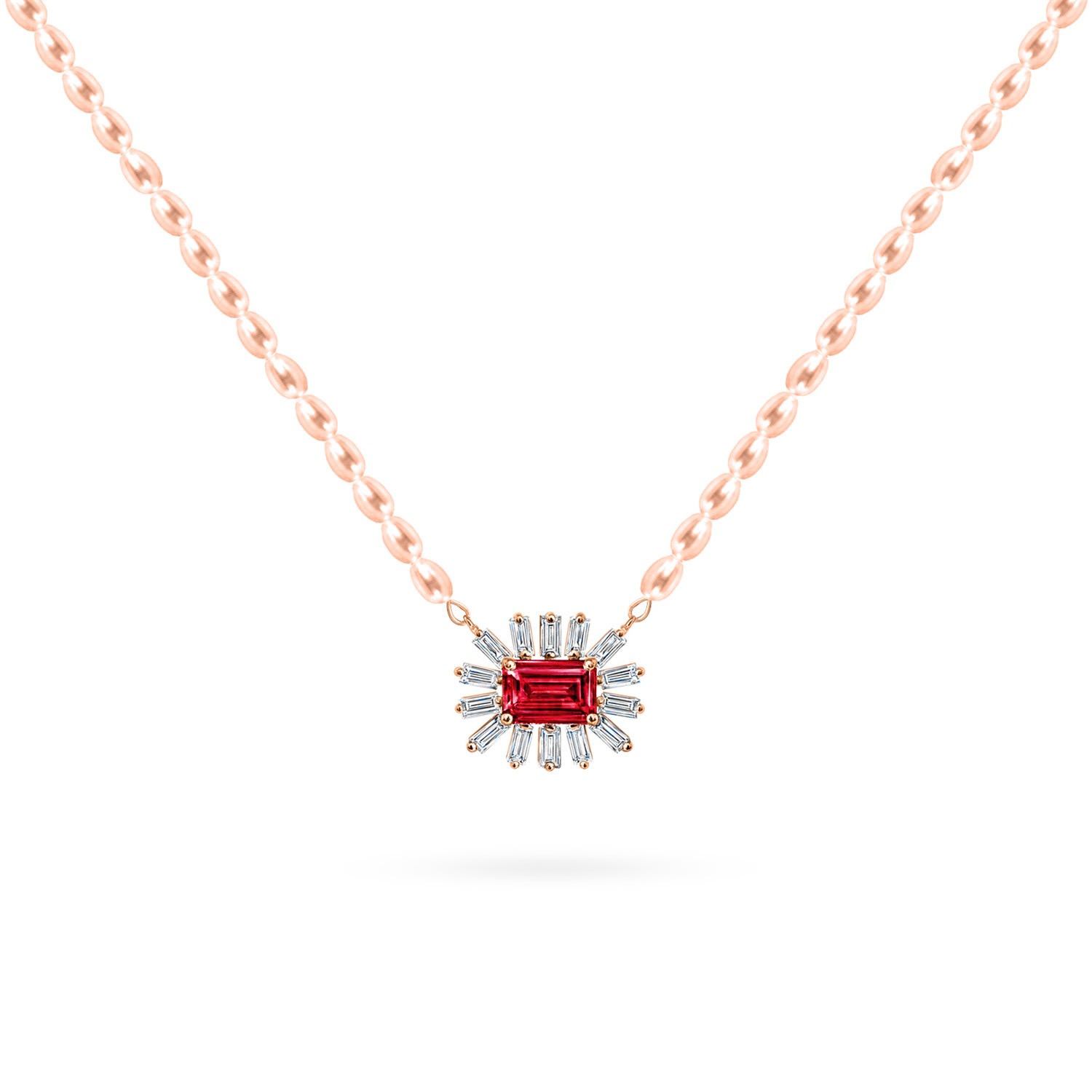 Women’s Necklace Cleopatra Baguette Rose Pearls On 18K Rose Gold Diamonds And Precious Stones Ruby Aquae Jewels