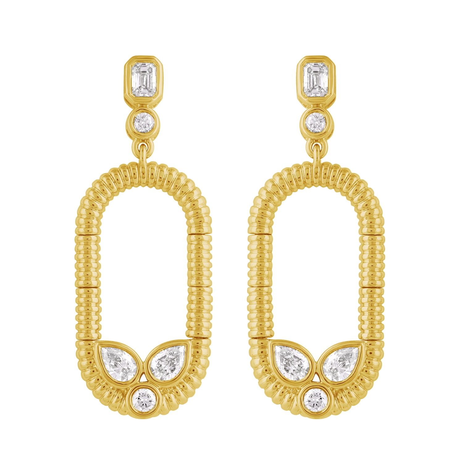 Artisan Women's Gold / White 14k Yellow Gold Multi-shape Diamond Ribbed Oval Drop Earrings