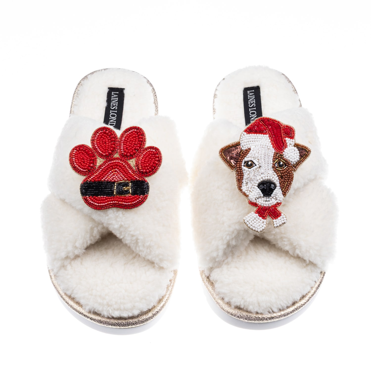 Laines London Women's Neutrals / White Laines Boucle Slippers With Christmas Jack Russell & Paw Brooches - Cream In White