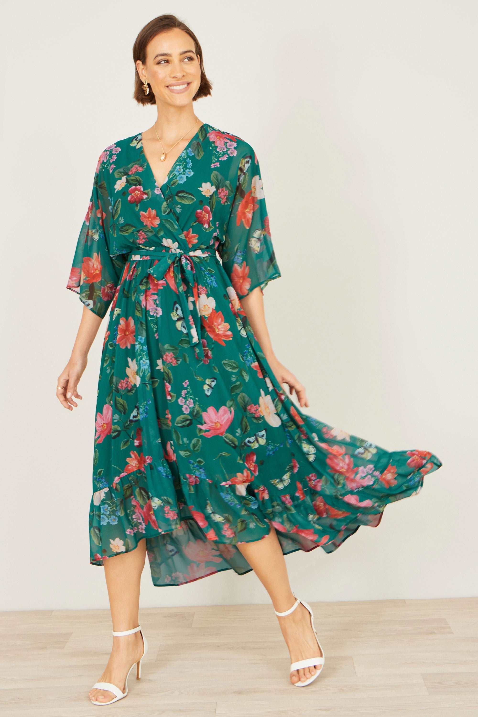 Yumi Green Floral Kimono Wrap Dress With Dip Hem | Yumi | Wolf & Badger