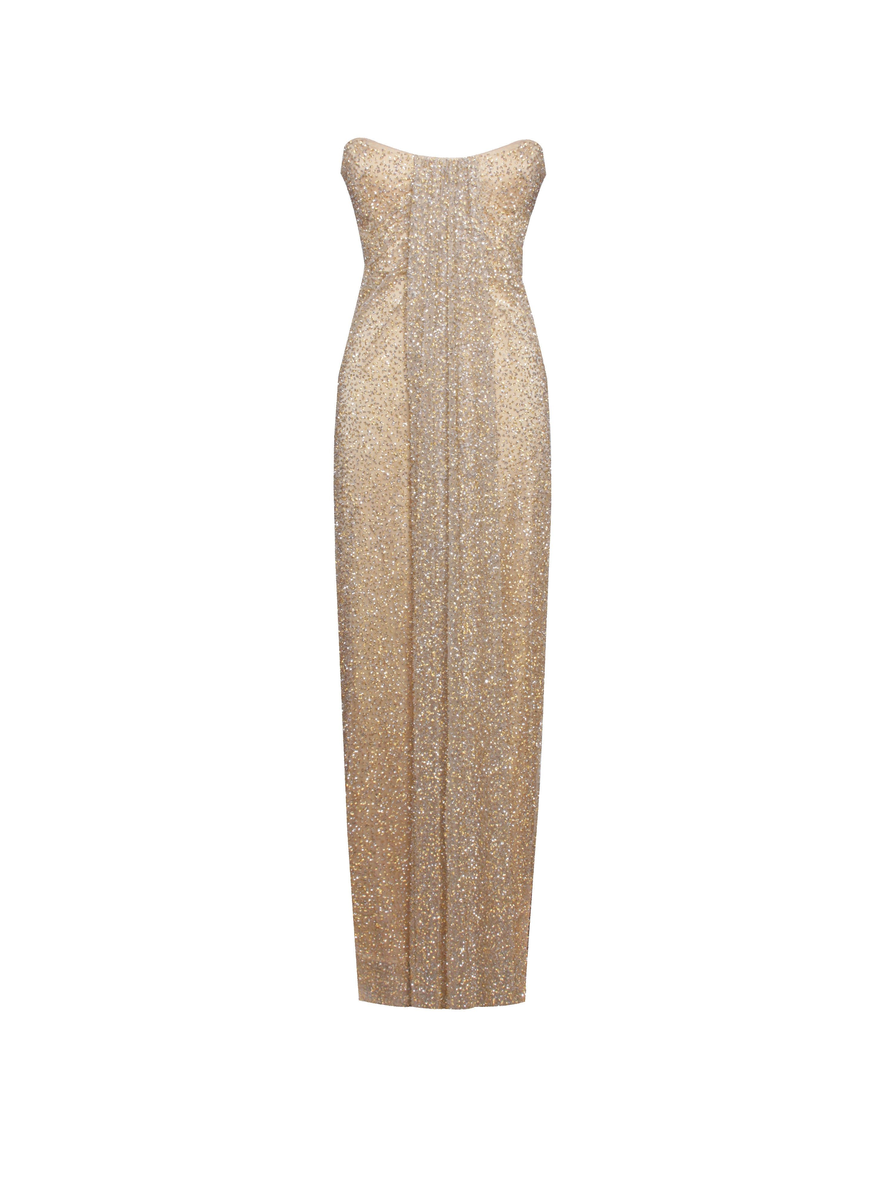 Miss Circle New York Women's Ada Gold Rhinestone Embellished Strapless Gown With Head Scarf In Gold
