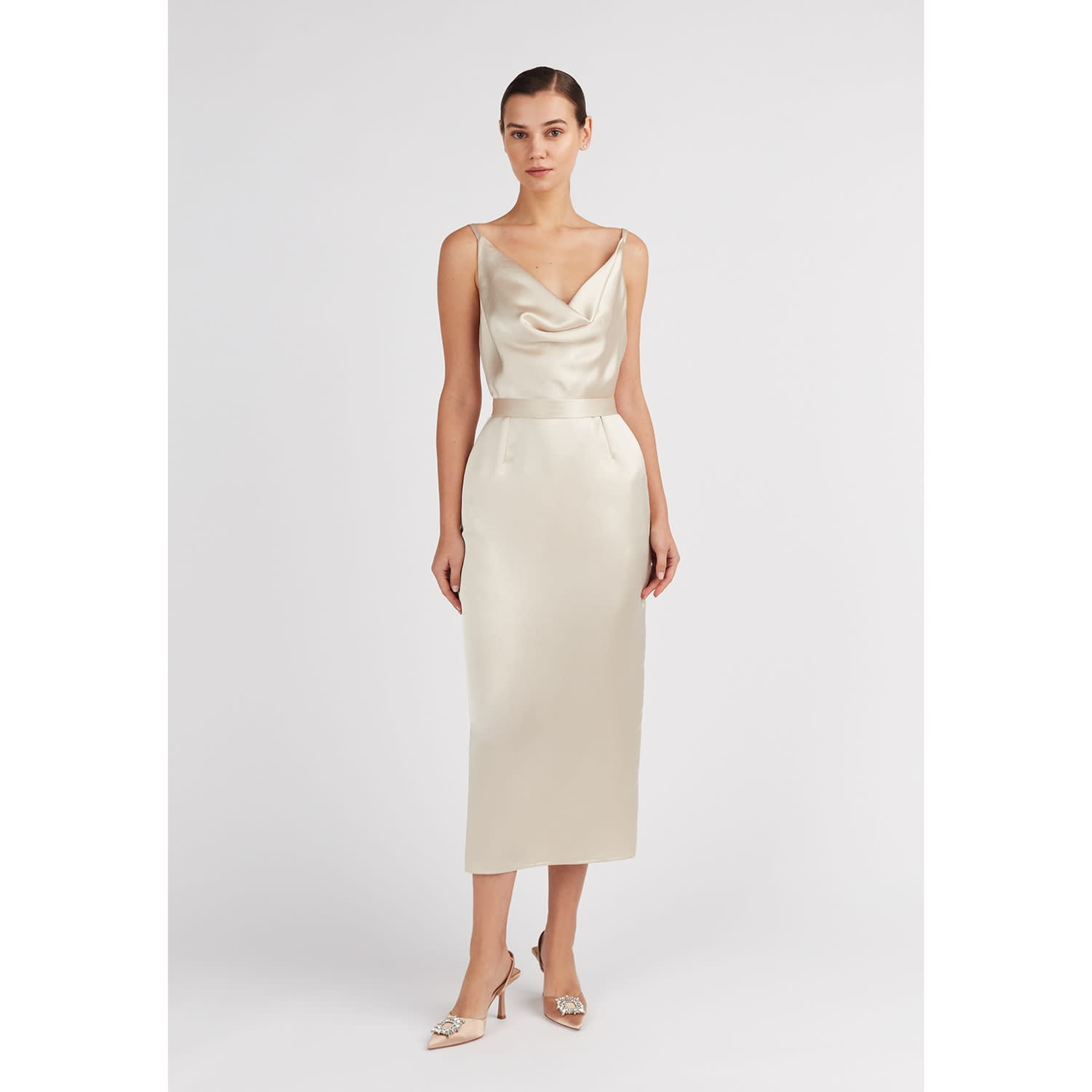 white christmas dresses Popular Champagne Soft Satin Mermaid Cowl-neck Long Evening Prom Dresses,  MR9199 main image 1
